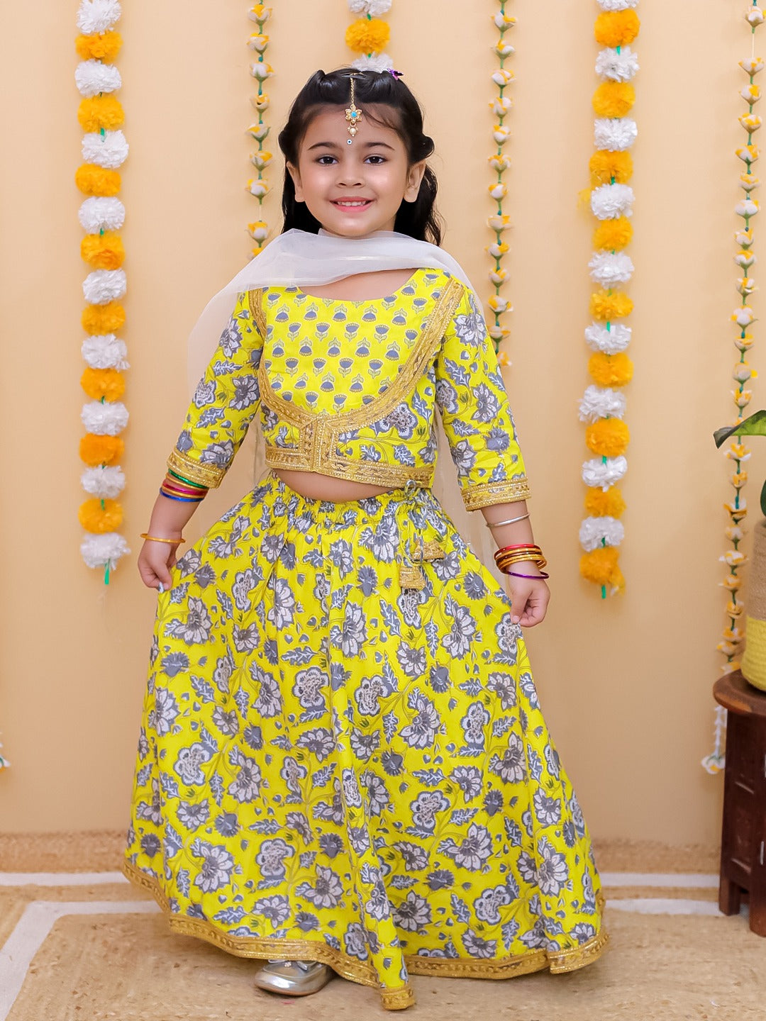 "Sunshine Bloom – Girls' Yellow Floral Lehenga Choli Set"