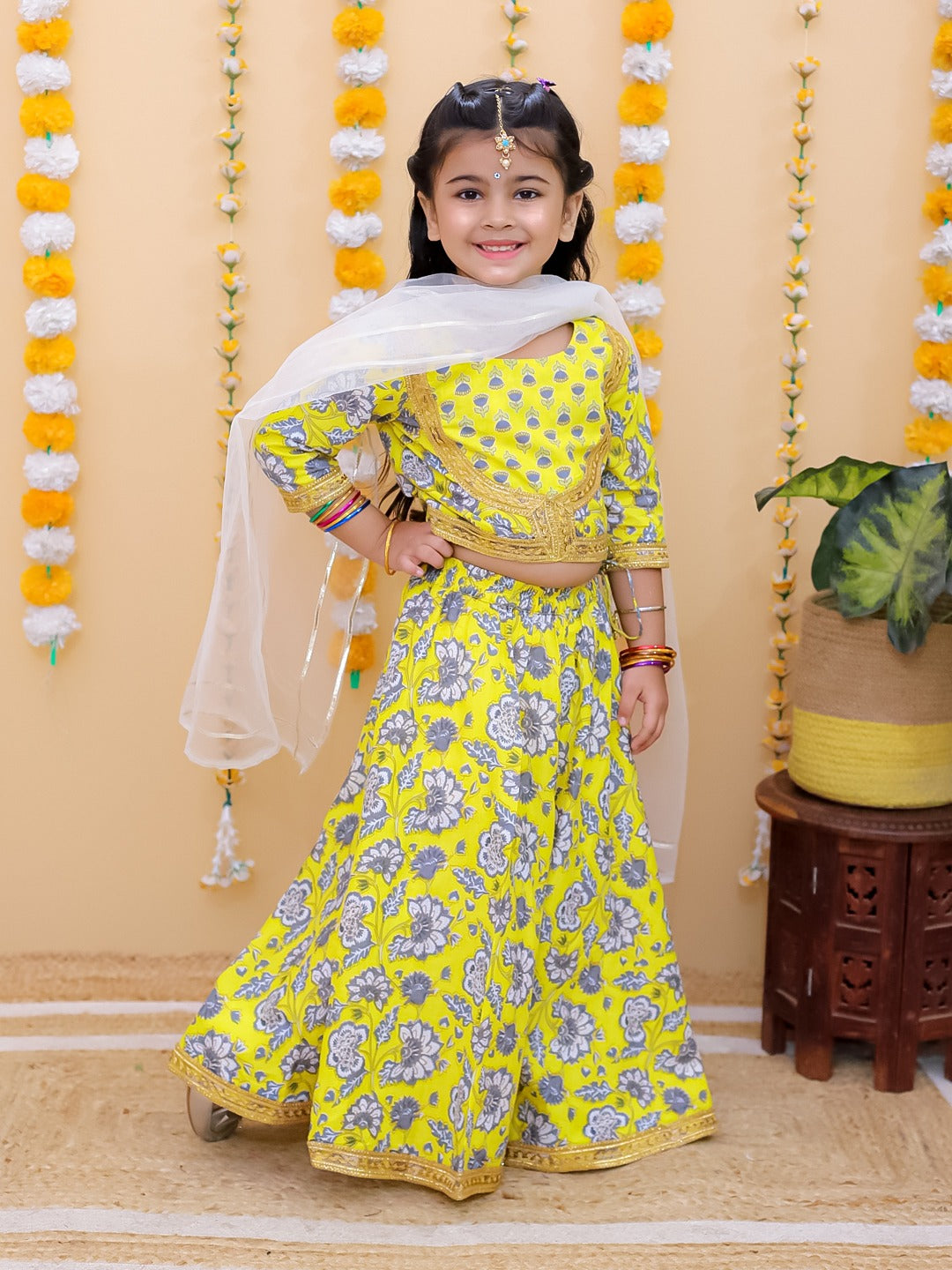 Sunshine Bloom – Girls' Yellow Floral Lehenga Choli Set