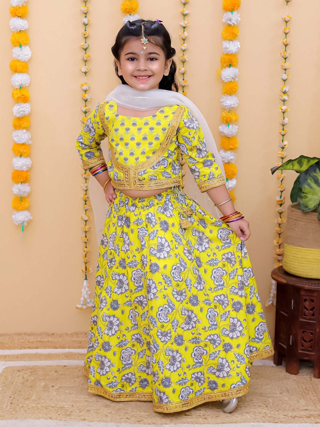 "Sunshine Bloom – Girls' Yellow Floral Lehenga Choli Set"