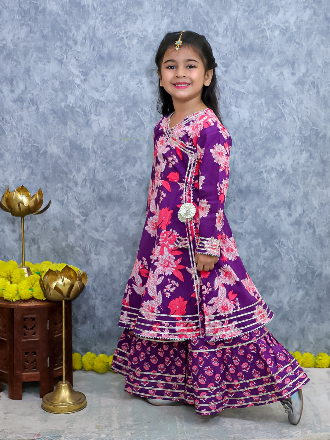 Girls Purple Floral Kurta Sharara Set | Traditional Festive Wear