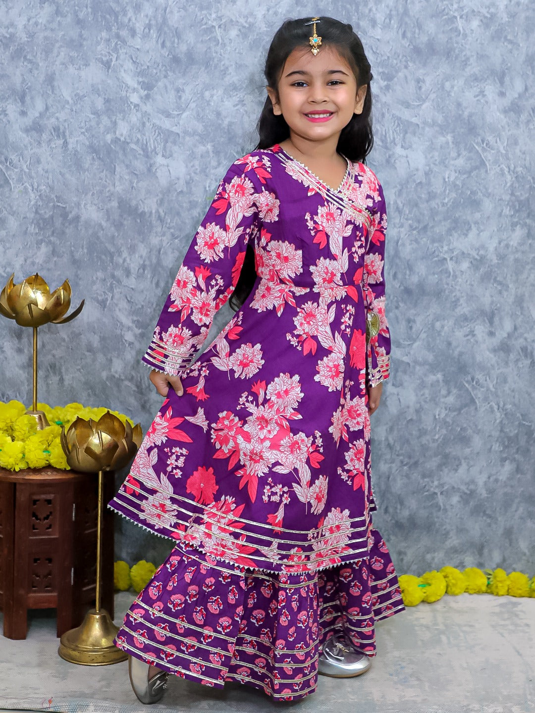 Girls Purple Floral Kurta Sharara Set | Traditional Festive Wear