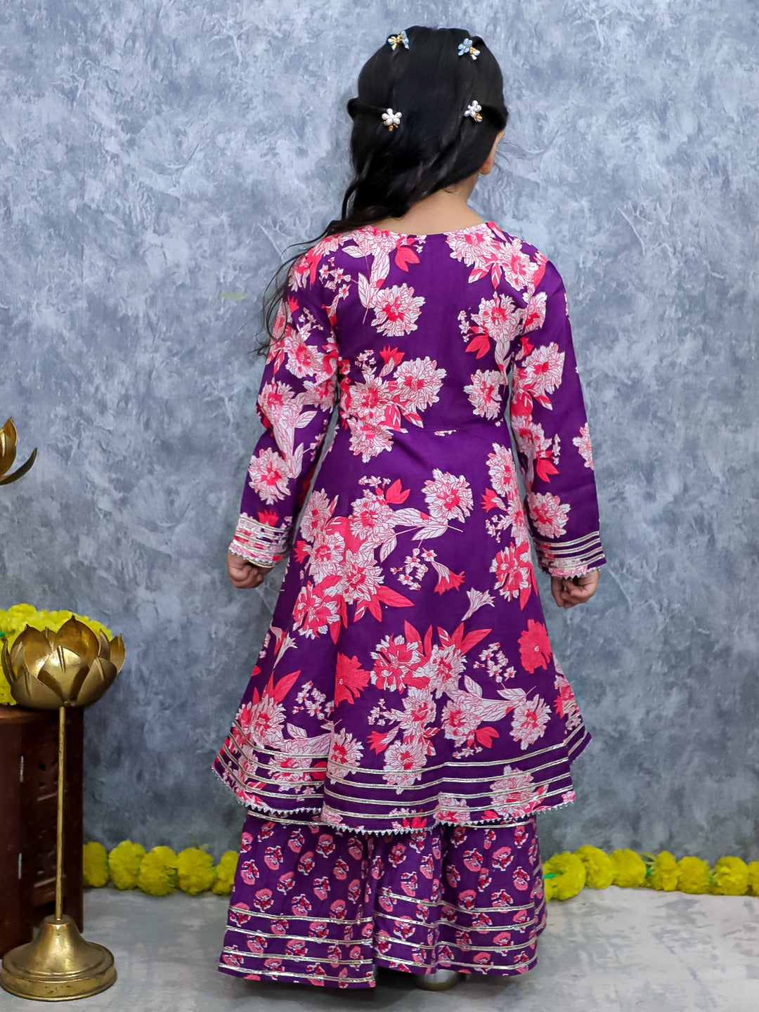 Girls Purple Floral Kurta Sharara Set | Traditional Festive Wear