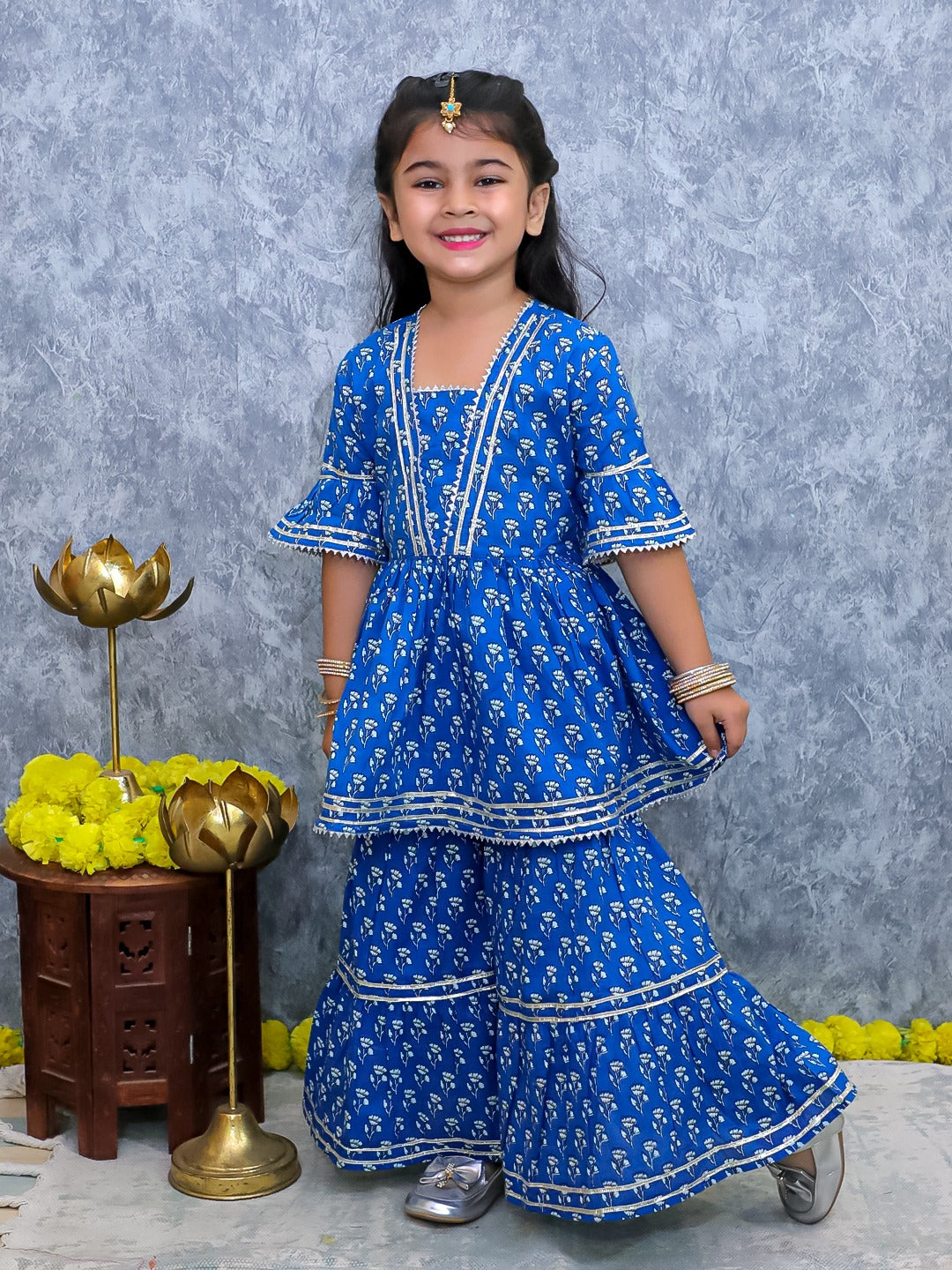 Girls Blue Floral Kurta Sharara Set | Ethnic Festive Wear