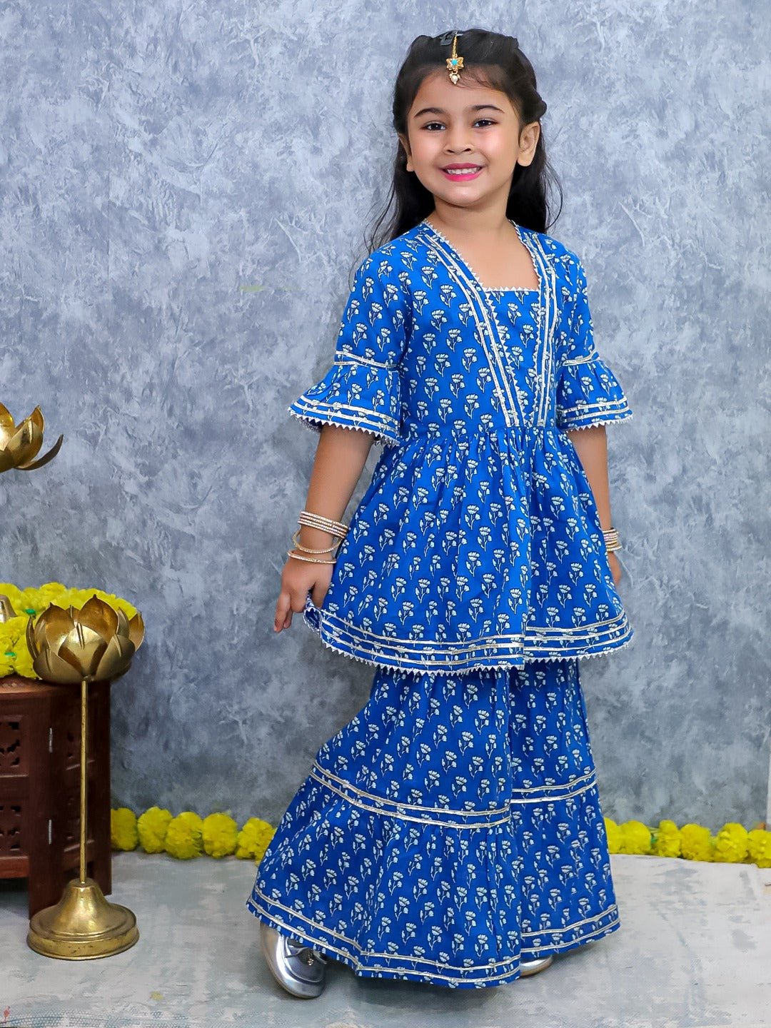Girls Blue Floral Kurta Sharara Set | Ethnic Festive Wear
