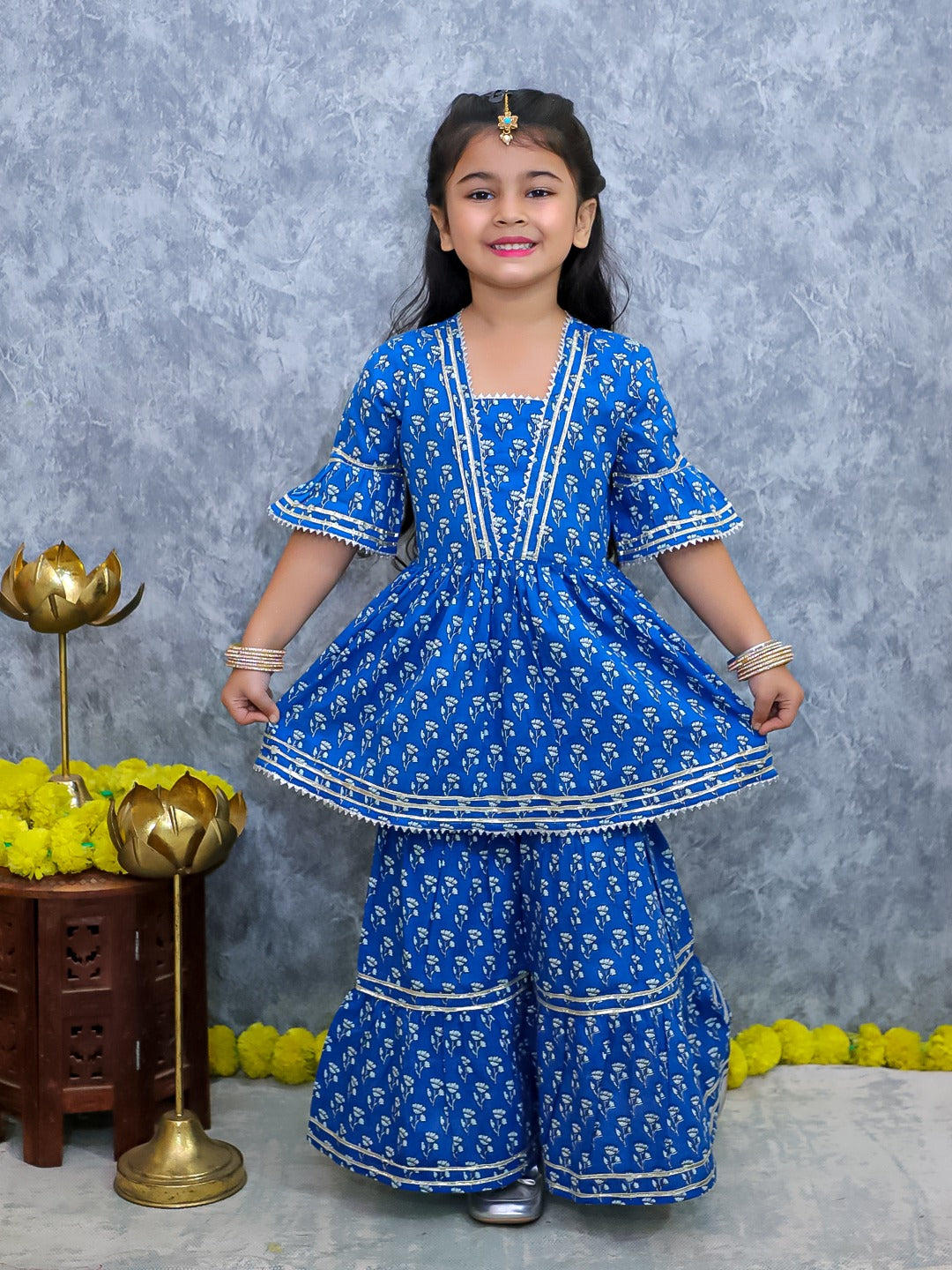Girls Blue Floral Kurta Sharara Set | Ethnic Festive Wear