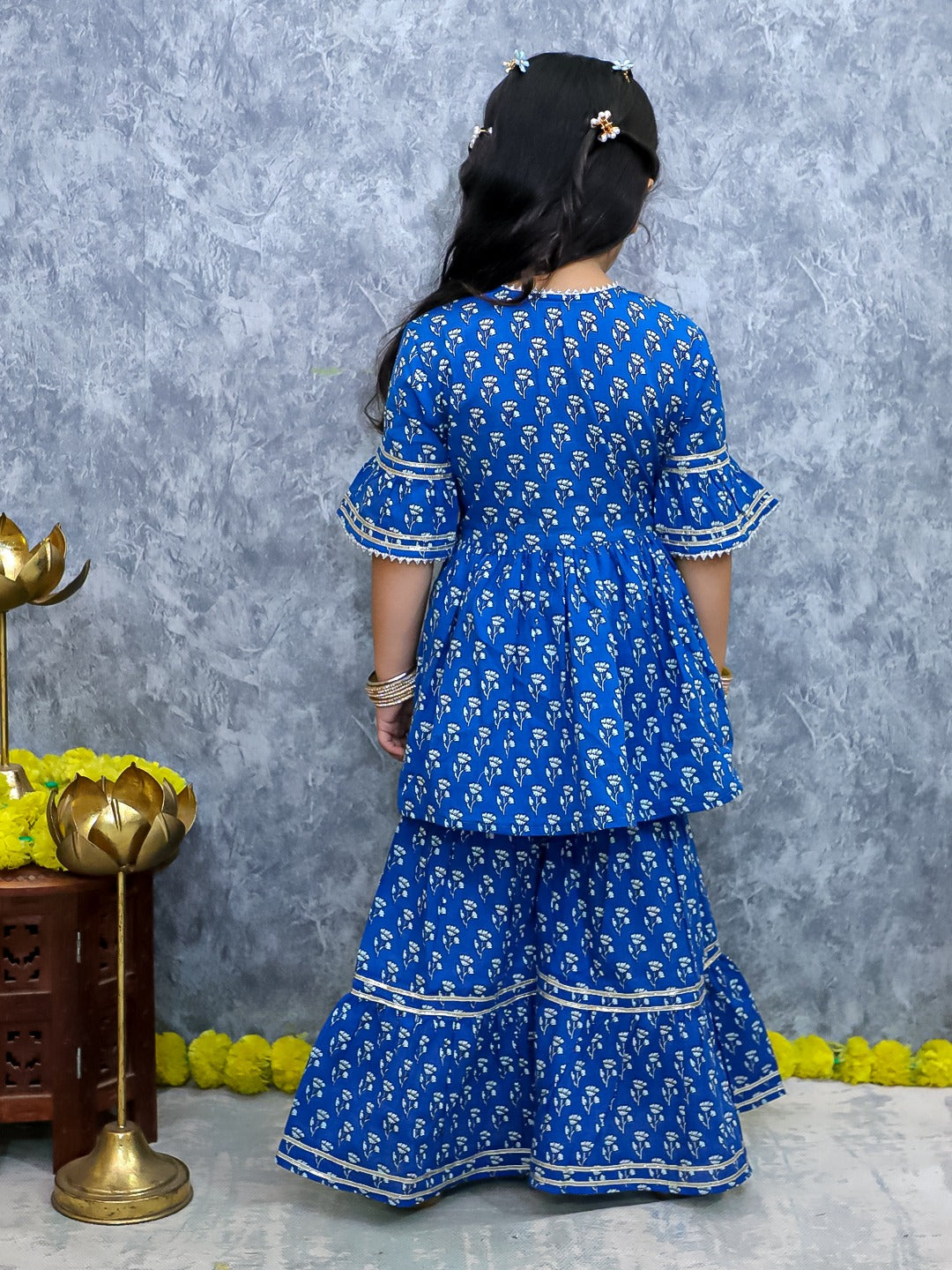 Girls Blue Floral Kurta Sharara Set | Ethnic Festive Wear