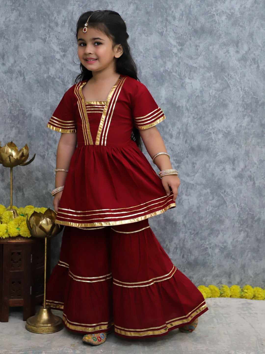 Unbind Girls Royal Maroon Sharara Set | Golden Lace Ethnic Outfit