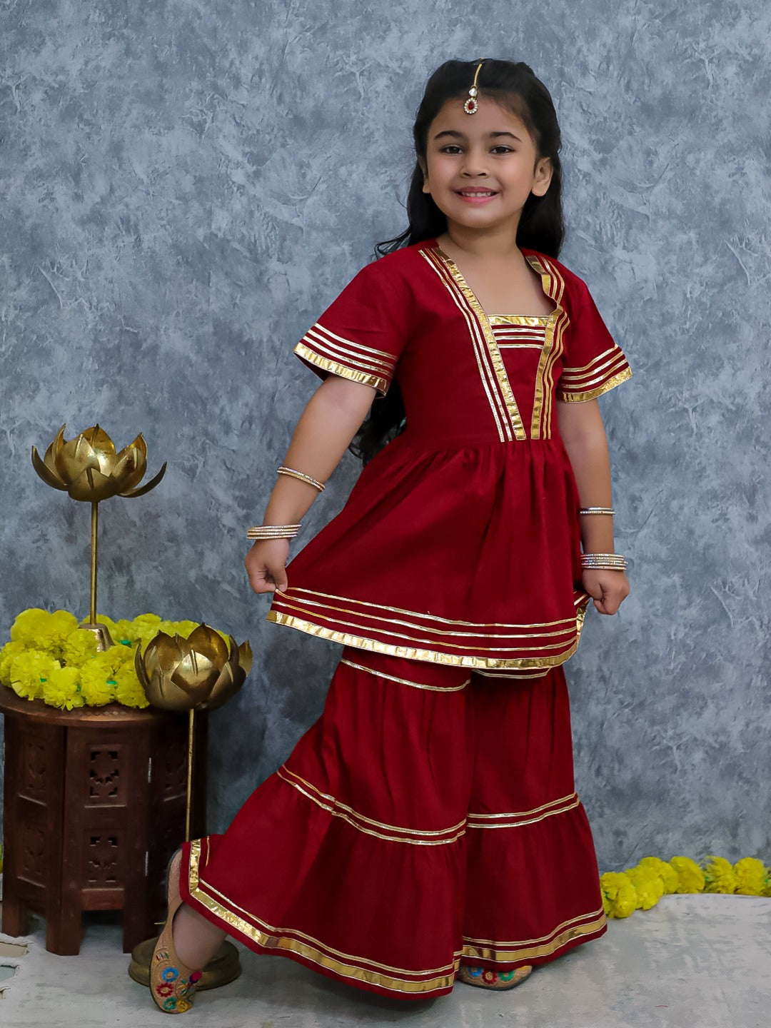 Unbind Girls Royal Maroon Sharara Set | Golden Lace Ethnic Outfit