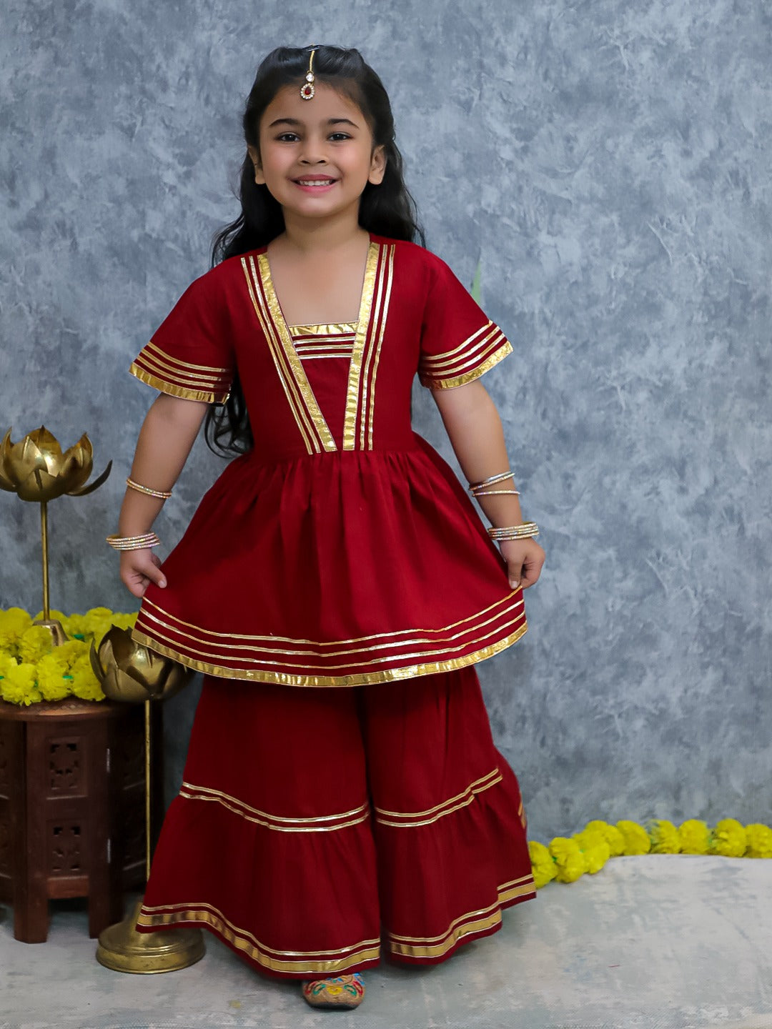 Unbind Girls Royal Maroon Sharara Set | Golden Lace Ethnic Outfit