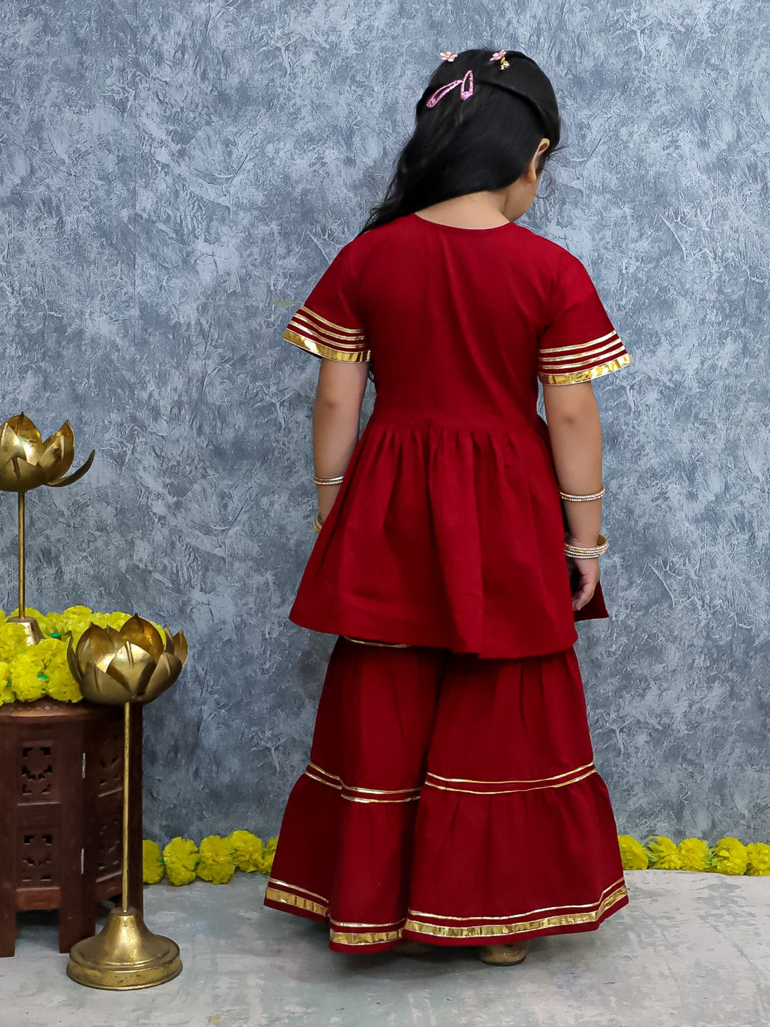 Unbind Girls Royal Maroon Sharara Set | Golden Lace Ethnic Outfit
