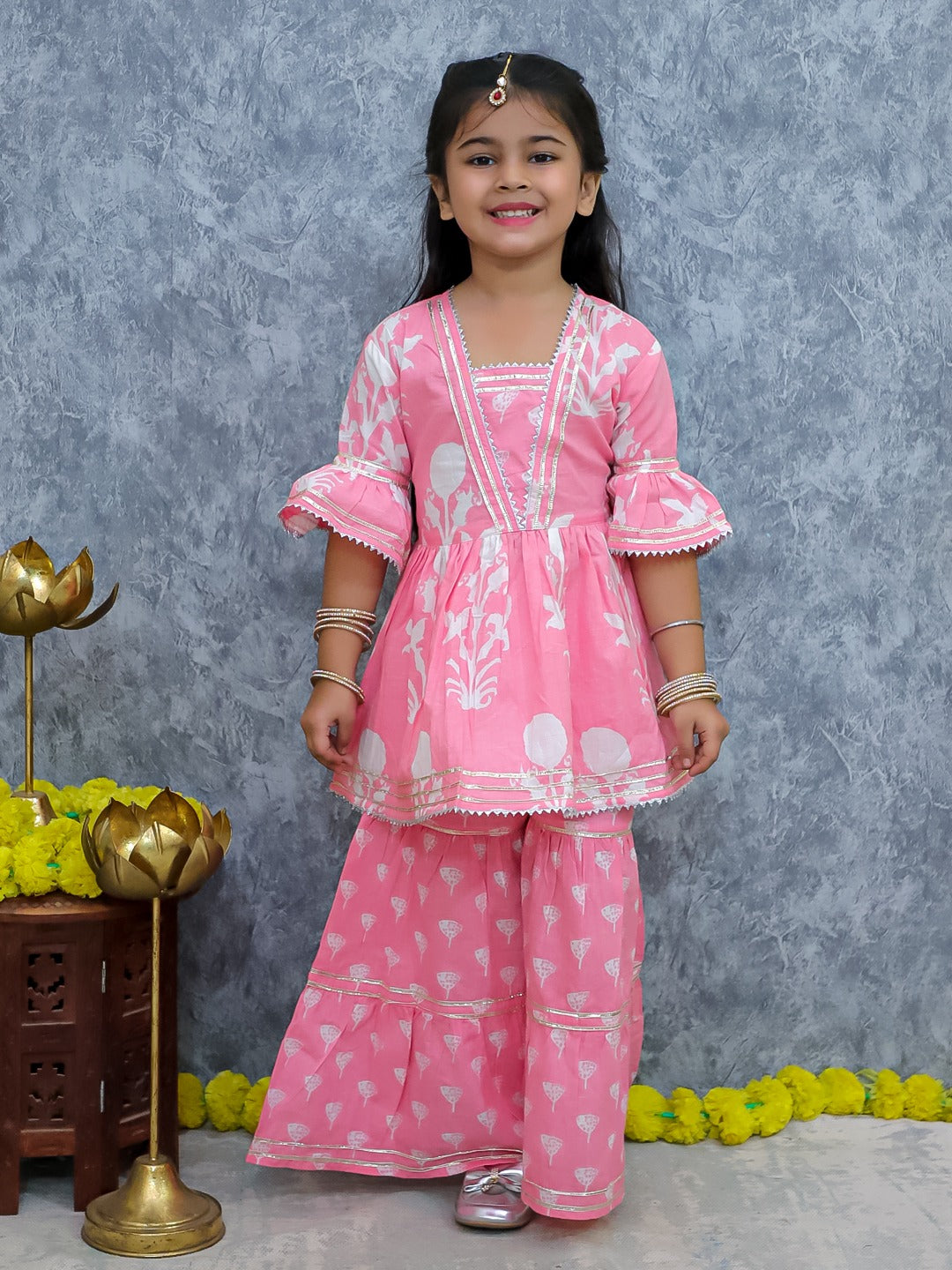 Girls Pink Floral Kurta Sharara Set