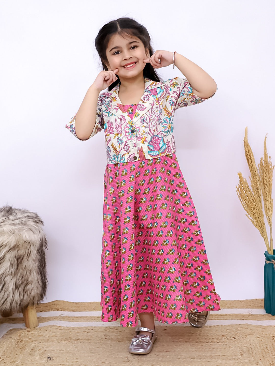 Unbind Girls' Pink Floral Dress with Detachable Jacket