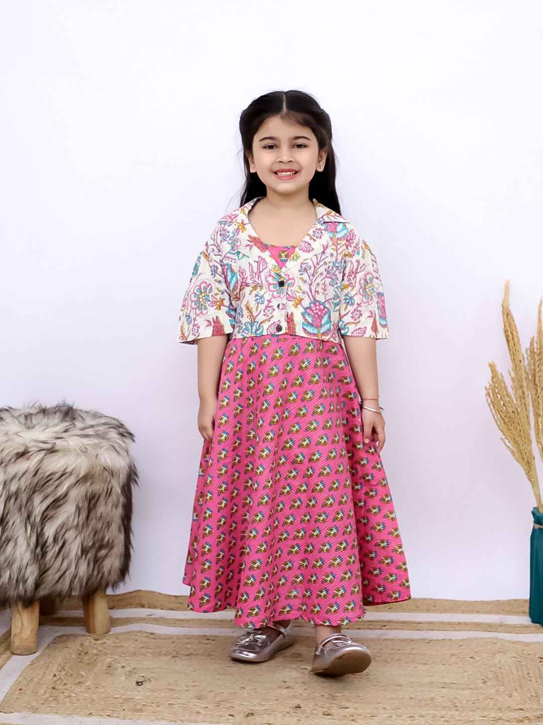 Unbind Girls' Pink Floral Dress with Detachable Jacket