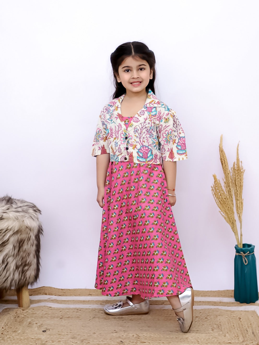Unbind Girls' Pink Floral Dress with Detachable Jacket