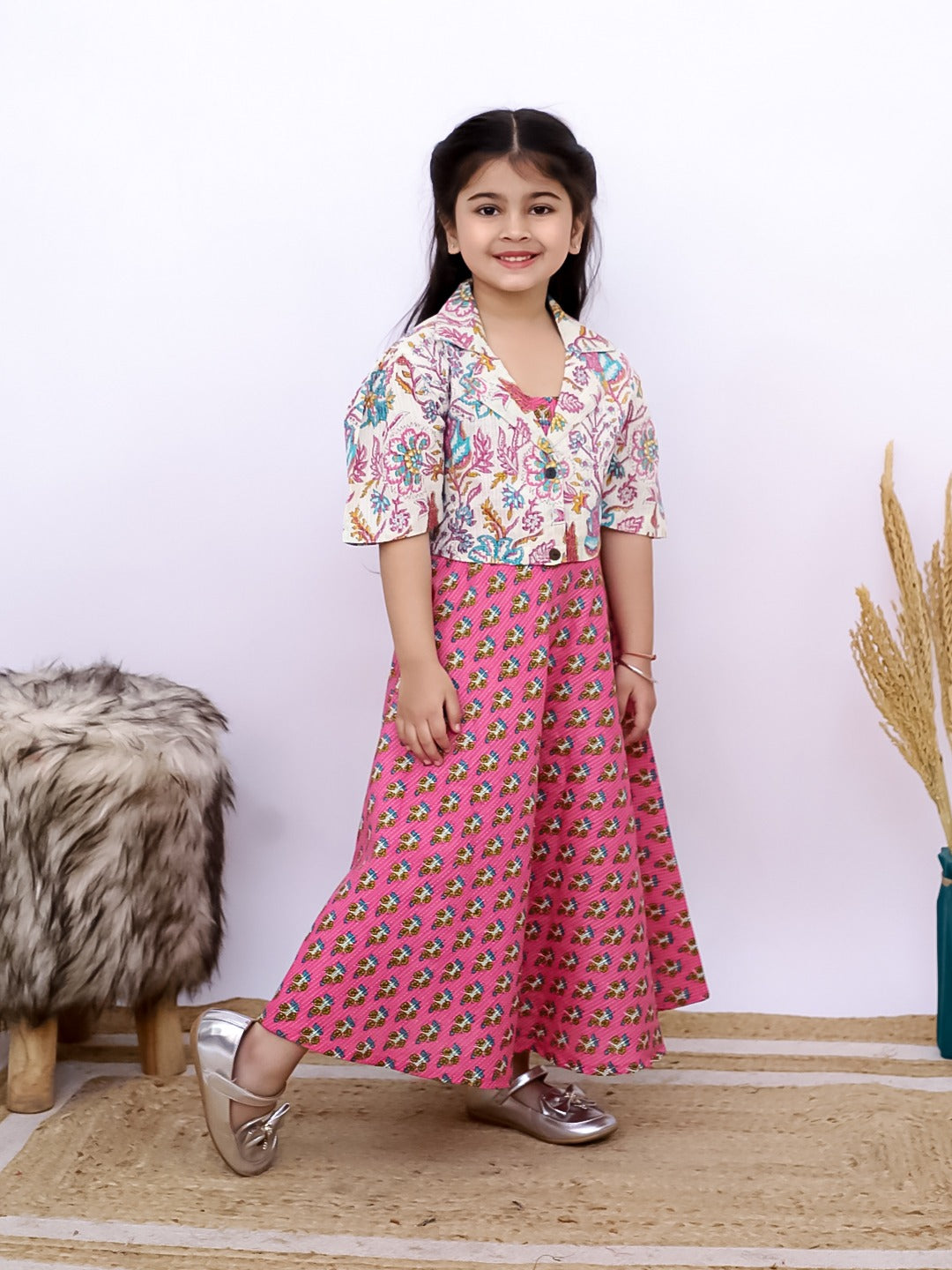 Unbind Girls' Pink Floral Dress with Detachable Jacket