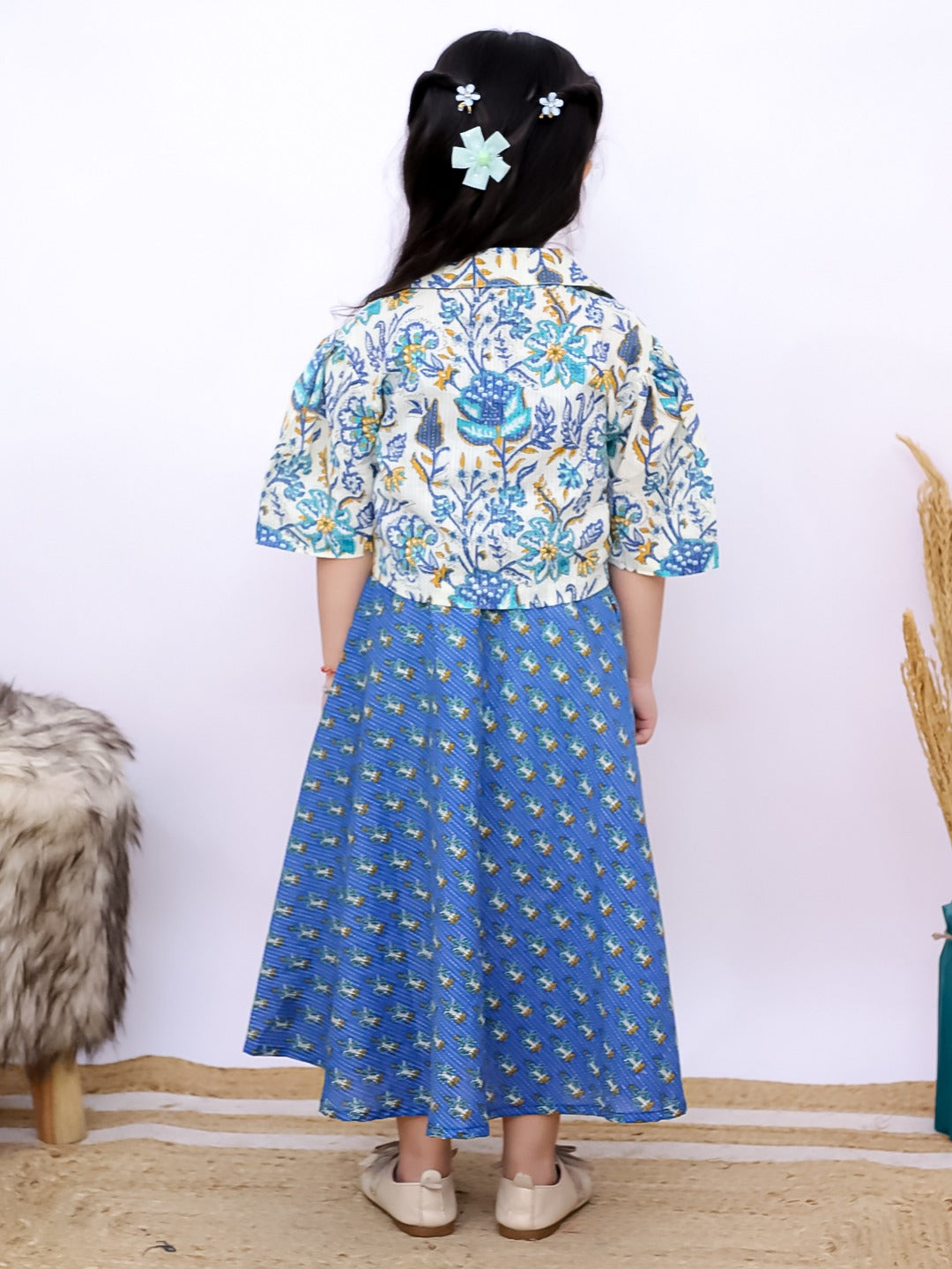 Unbind Girls Blue Printed Flared Dress | Cotton Ethnic Charm