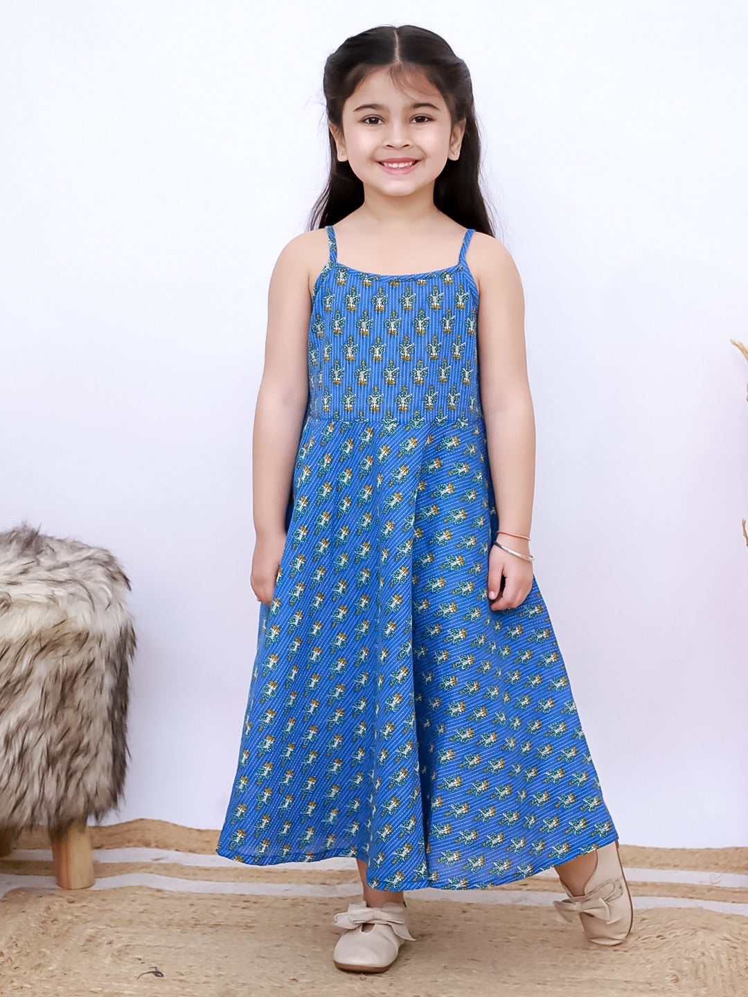 Unbind Girls Blue Printed Flared Dress | Cotton Ethnic Charm