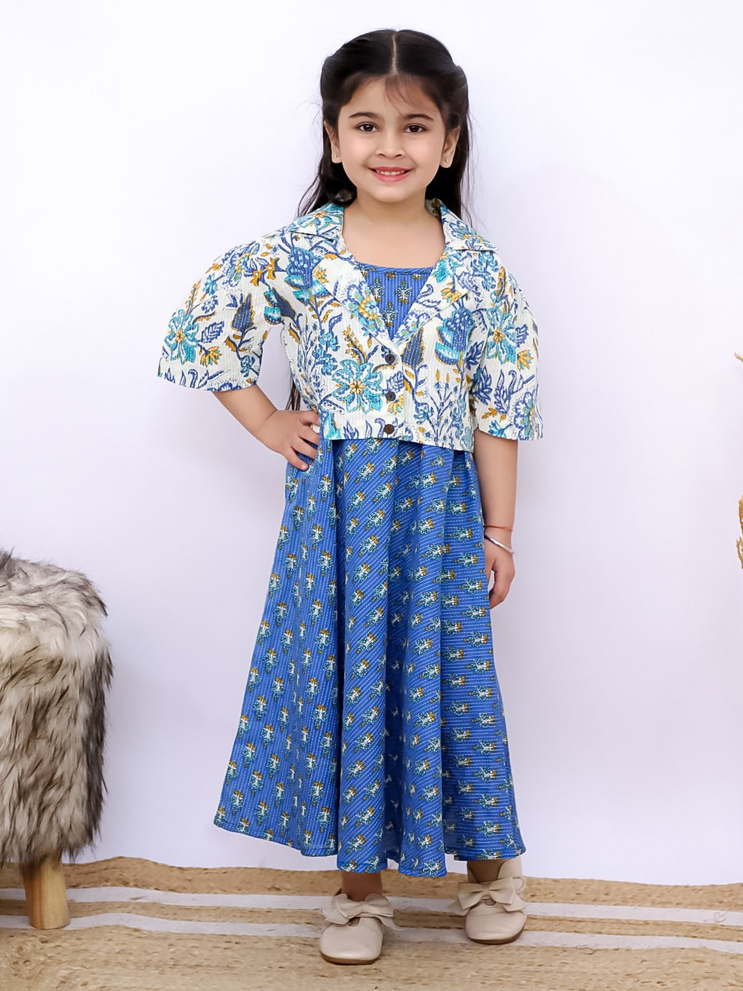 Unbind Girls Blue Printed Flared Dress | Cotton Ethnic Charm