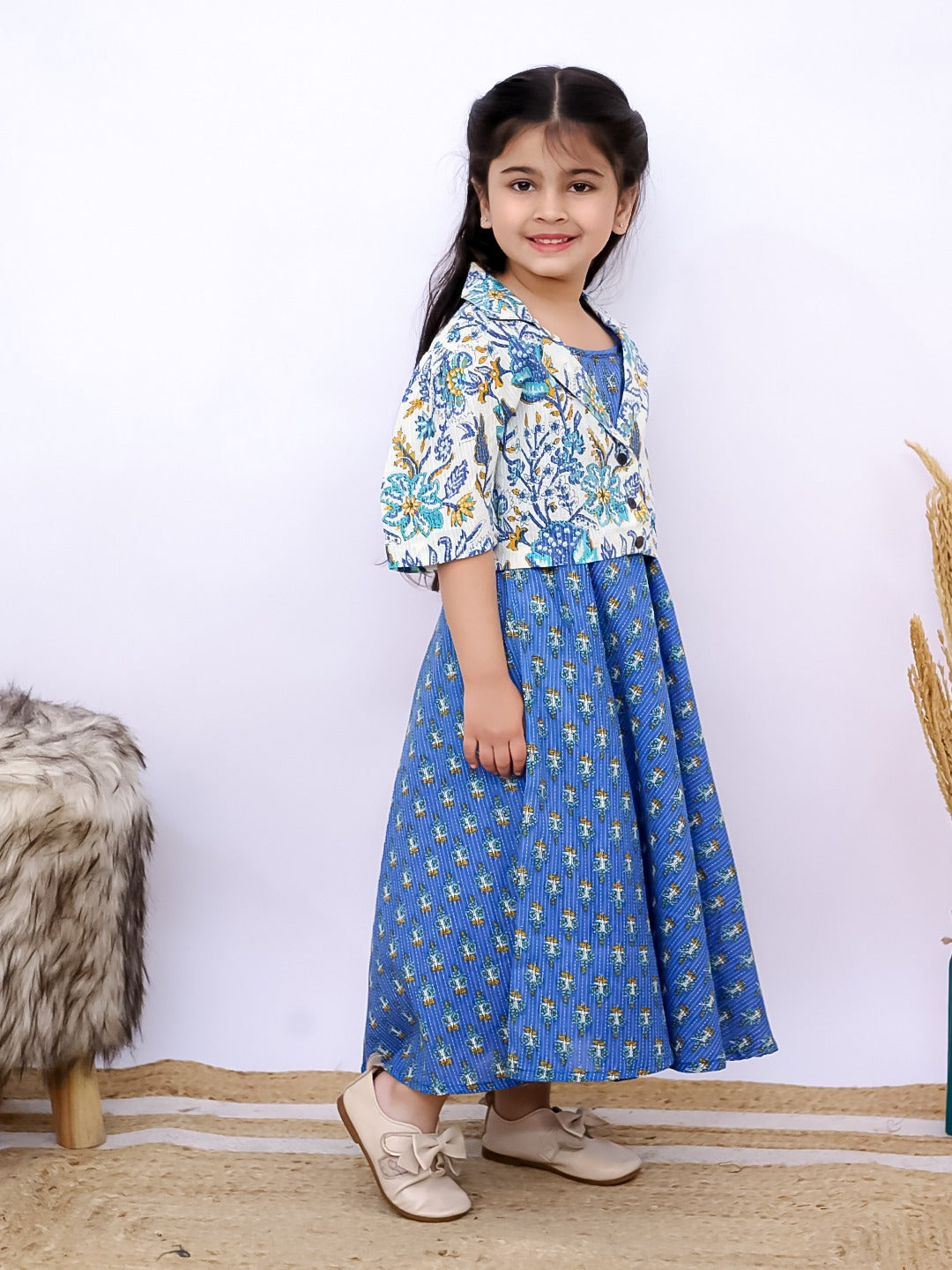 Unbind Girls Blue Printed Flared Dress | Cotton Ethnic Charm