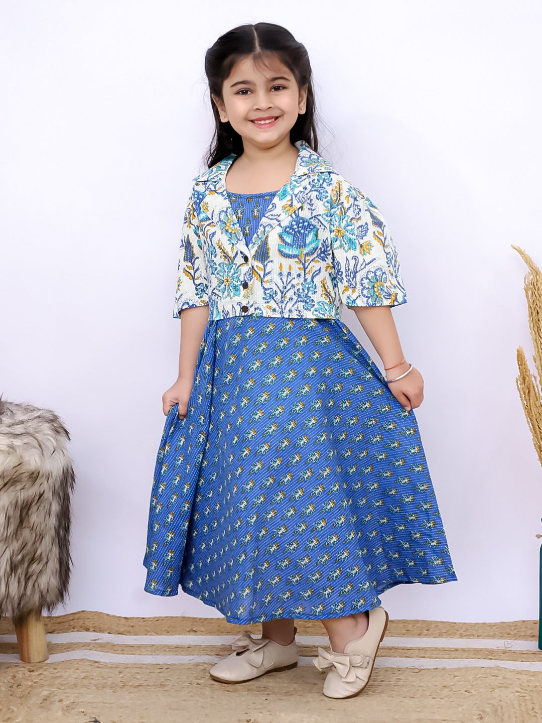 Unbind Girls Blue Printed Flared Dress | Cotton Ethnic Charm