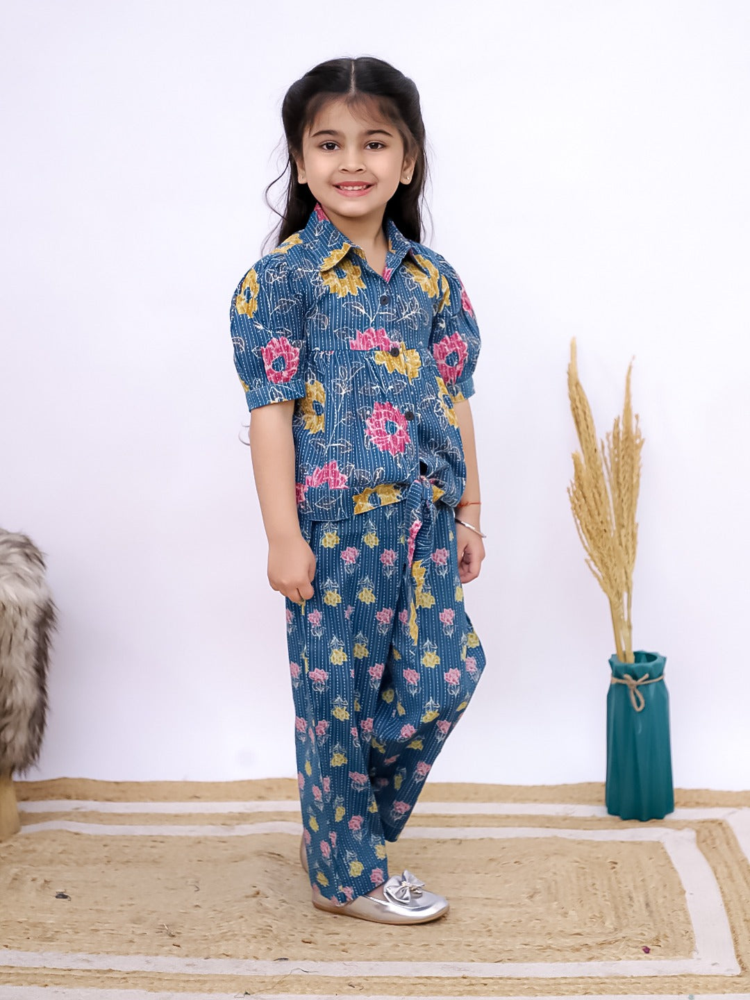 Unbind Kids' Casual Blue Floral Co-ord Set with Knot
