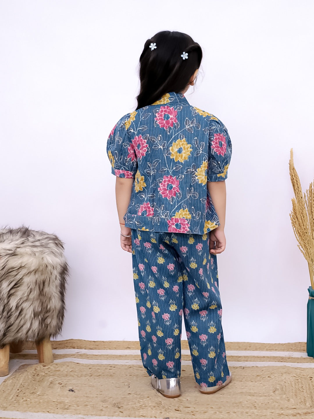 Unbind Kids' Casual Blue Floral Co-ord Set with Knot