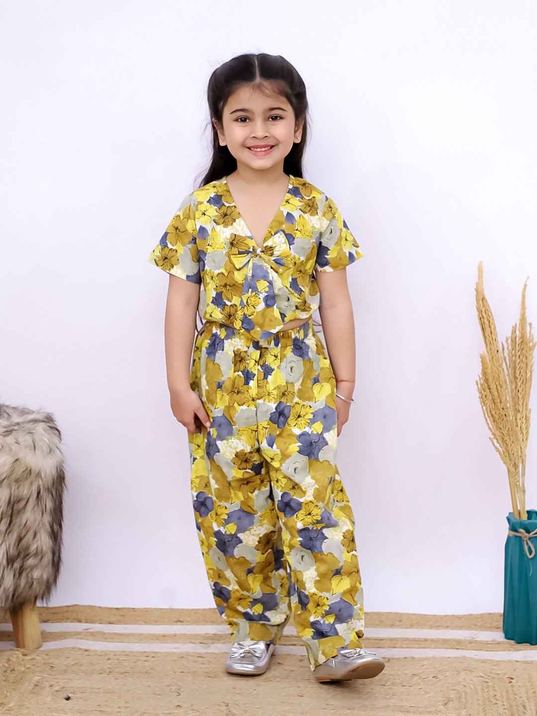 Girls Yellow & Blue Floral Co-Ord Set – Summer Cotton Style