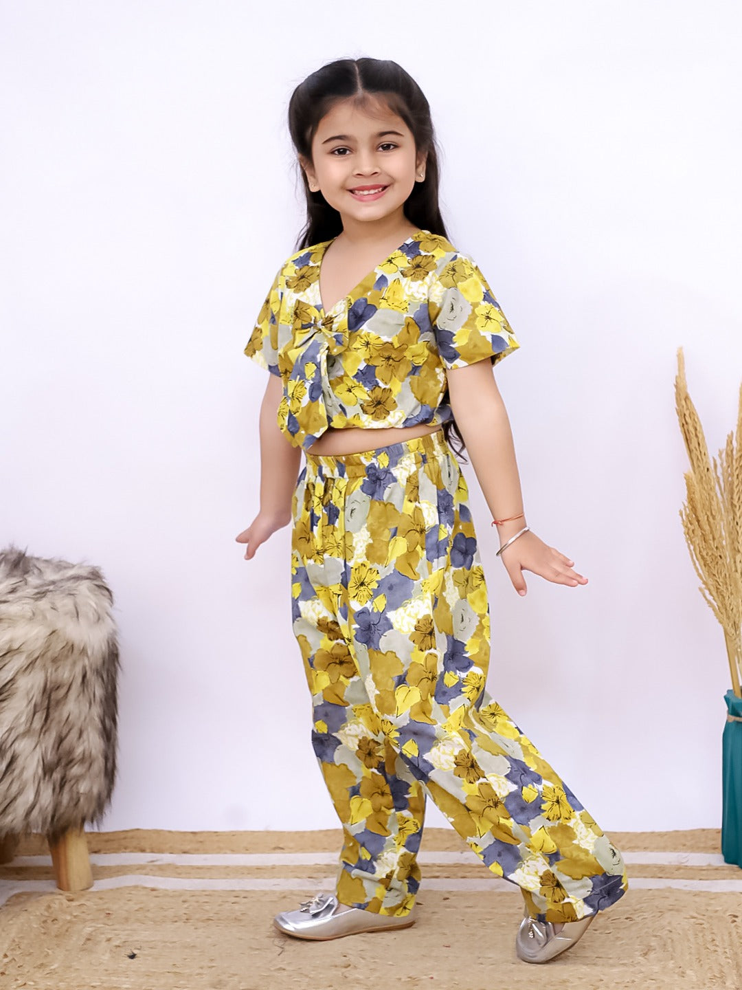 Girls Yellow & Blue Floral Co-Ord Set – Summer Cotton Style