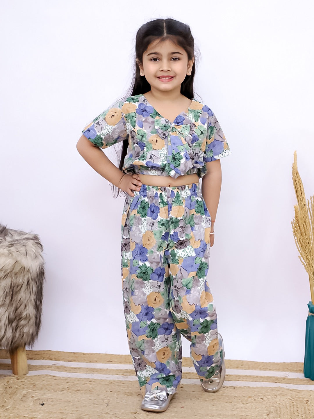 Unbind Girls' Floral Print Bow Top & Pants Co-ord Set