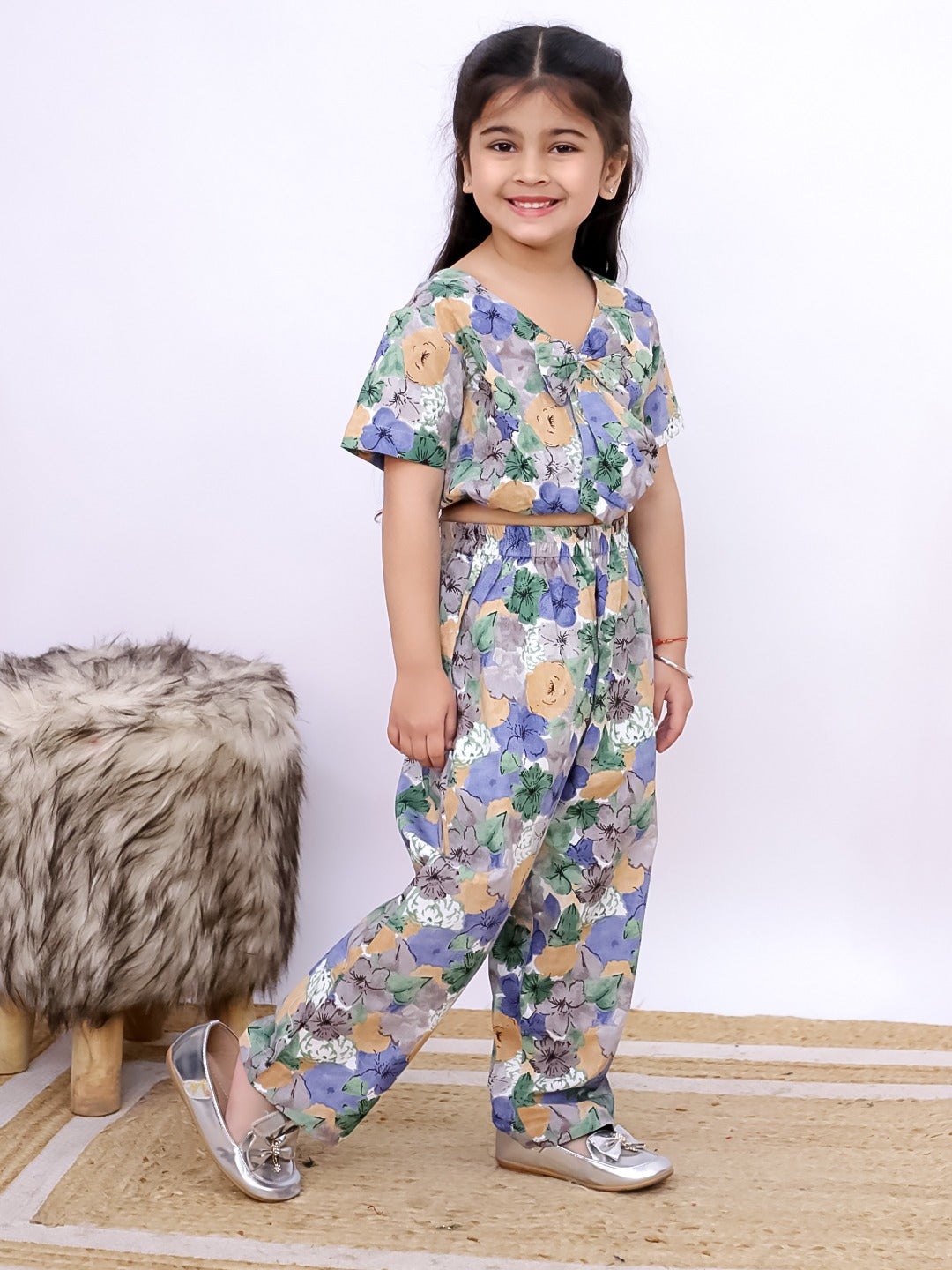 Unbind Girls' Floral Print Bow Top & Pants Co-ord Set