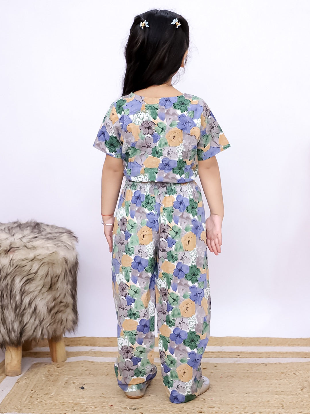 Unbind Girls' Floral Print Bow Top & Pants Co-ord Set