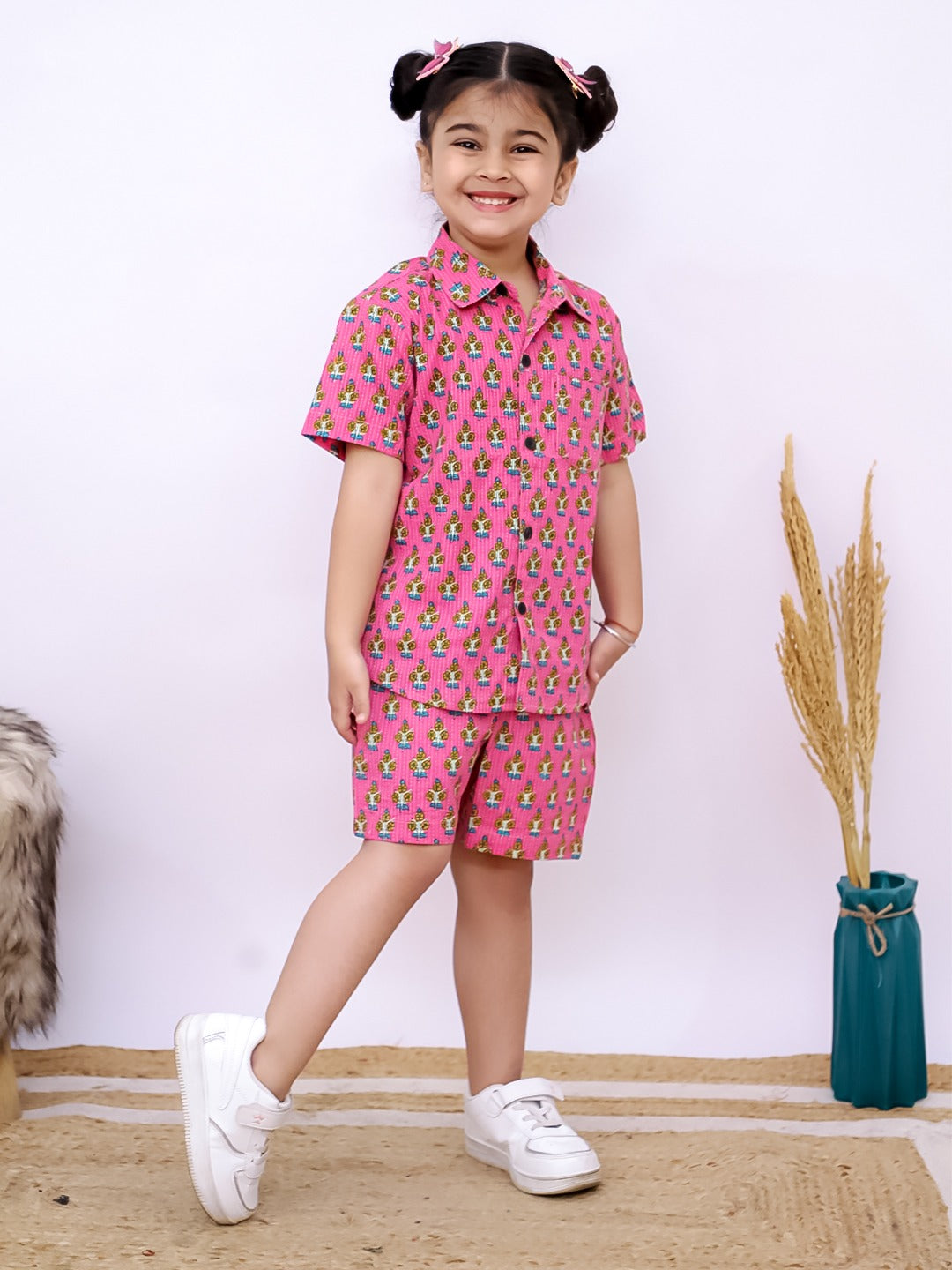 Girls Pink Cotton Co-Ord Set – Cactus Print | Unbind