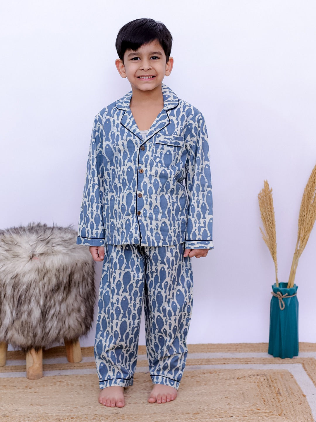 Kids Blue & White Fish Night suit - Unbind Sleepwear