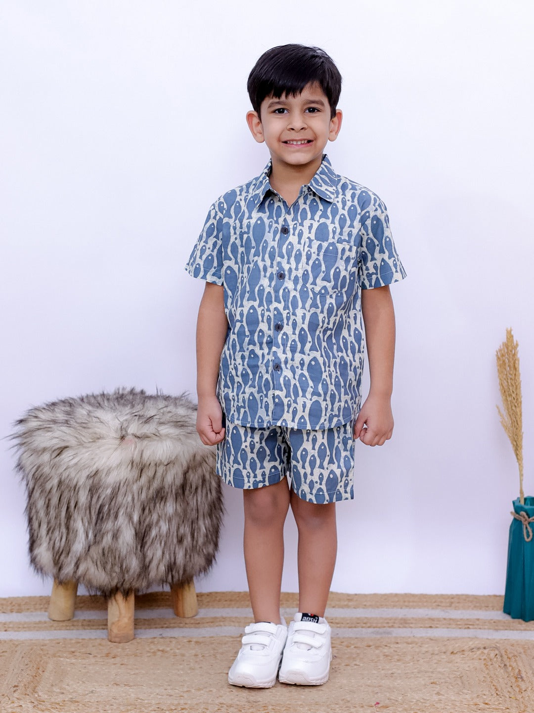 Unbind Boys' Blue Fish Print Co-ord Set
