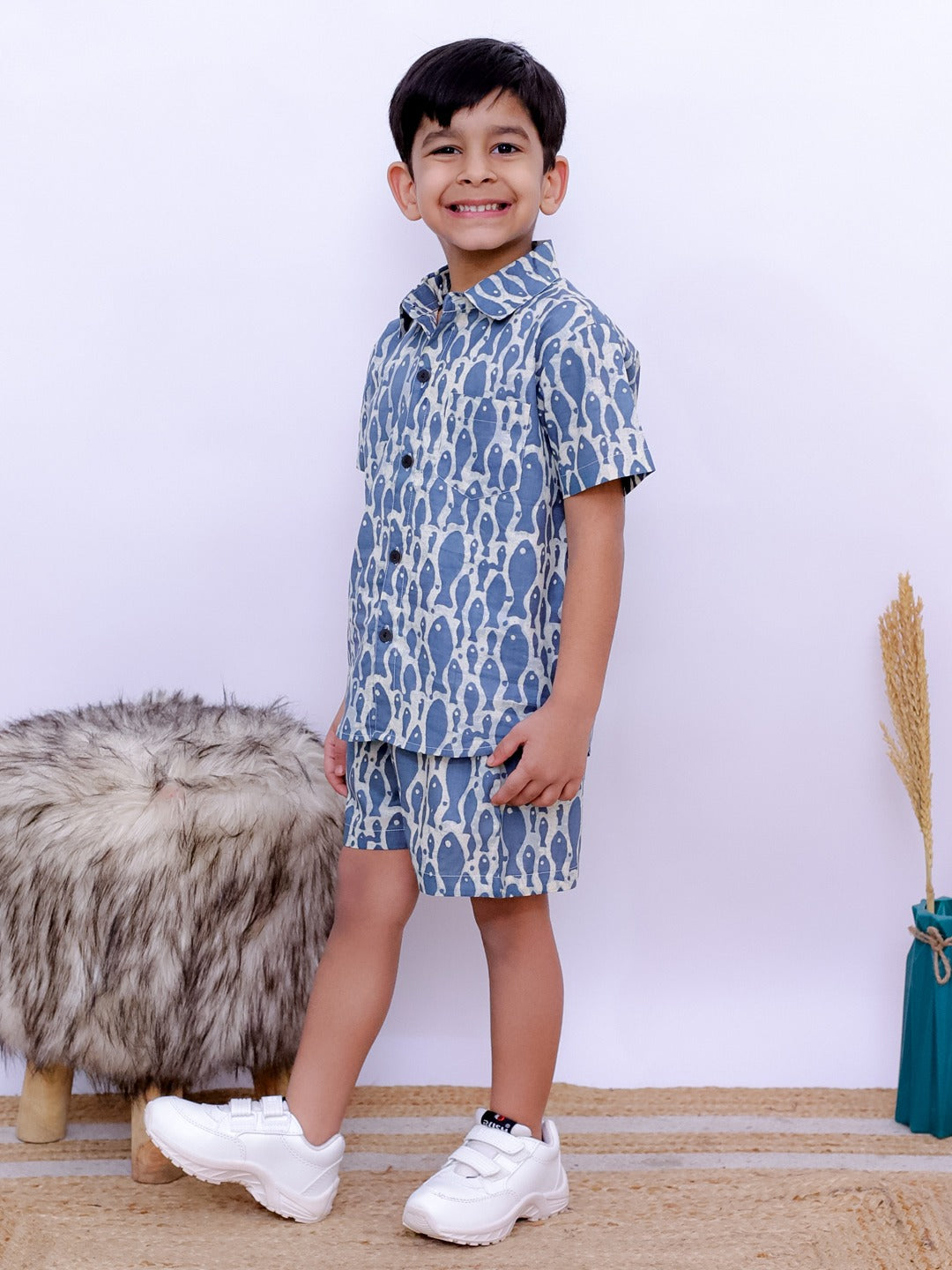Unbind Boys' Blue Fish Print Co-ord Set