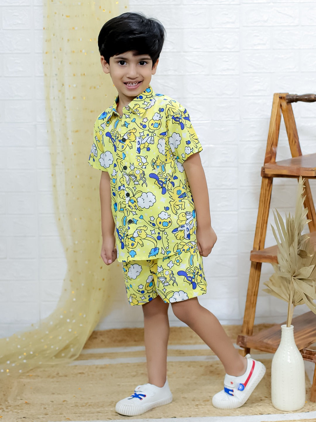 Unbind Boys Yellow Cartoon Print Co-Ord Set – Half Sleeves Shirt & Shorts