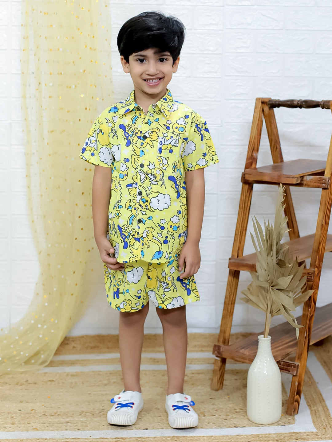 Unbind Boys Yellow Cartoon Print Co-Ord Set – Half Sleeves Shirt & Shorts