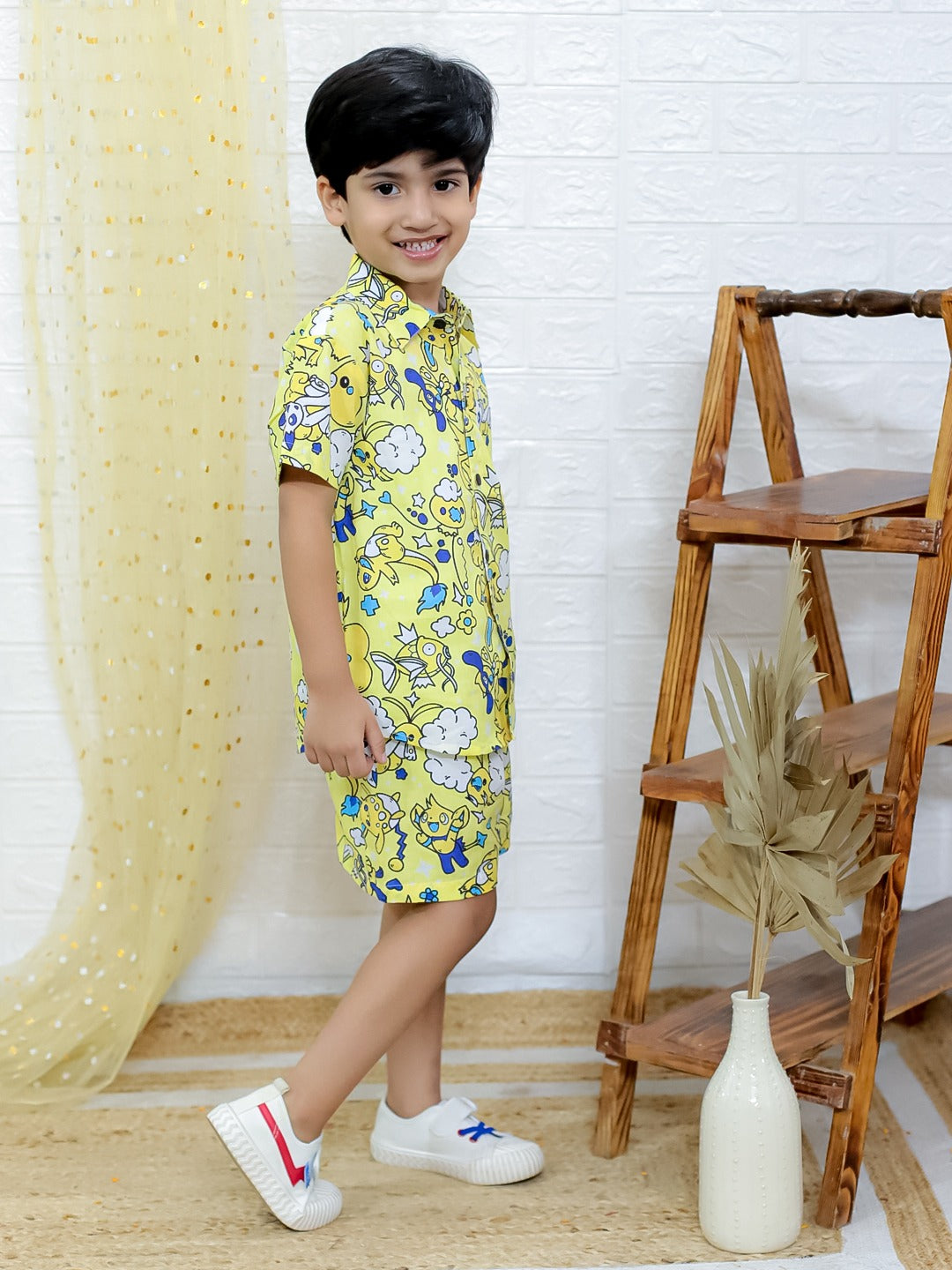 Unbind Boys Yellow Cartoon Print Co-Ord Set – Half Sleeves Shirt & Shorts