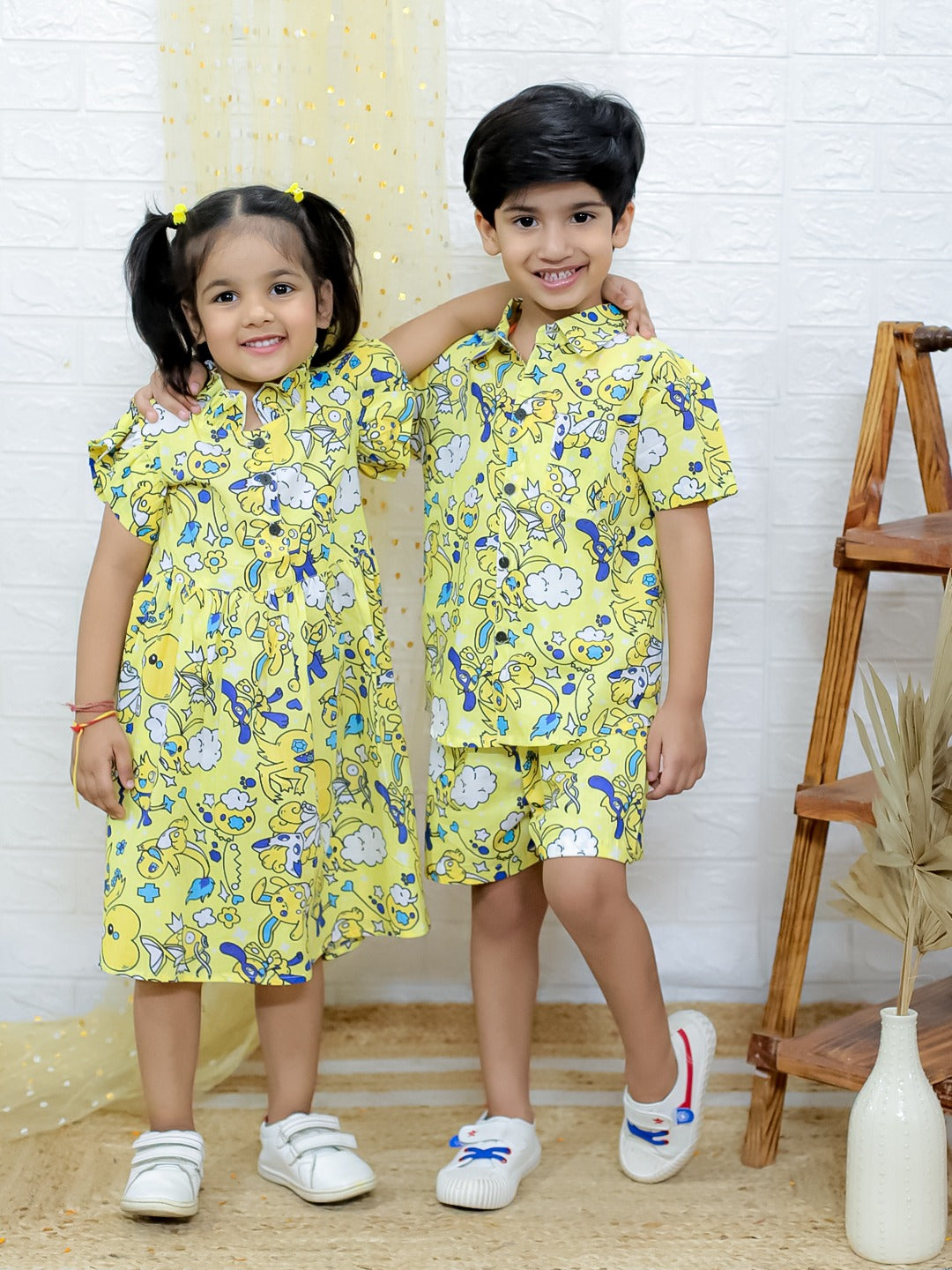 Yellow Cartoon Print Sibling Co-Ord Set – Dress for Girls & Shirt-Shorts Set for Boys