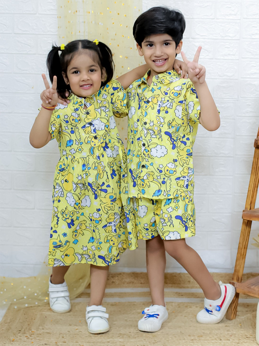Yellow Cartoon Print Sibling Co-Ord Set – Dress for Girls & Shirt-Shorts Set for Boys