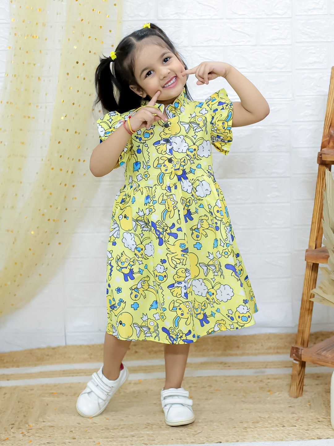 Girls Yellow Cartoon Print Midi Dress with Ruffle Sleeves