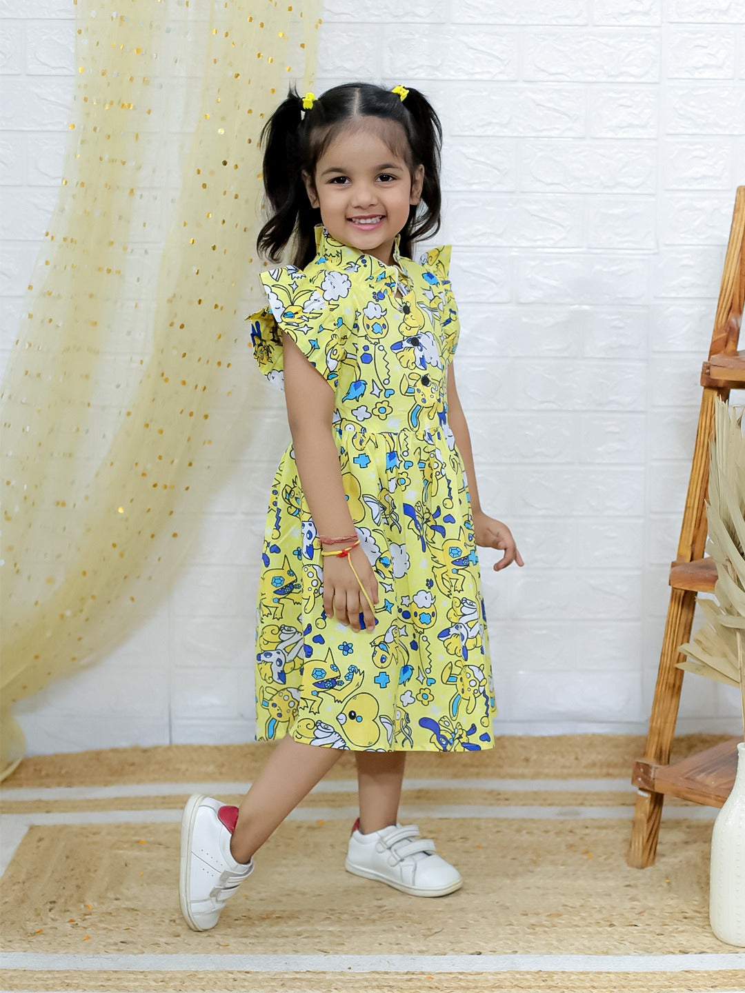 Girls Yellow Cartoon Print Midi Dress with Ruffle Sleeves
