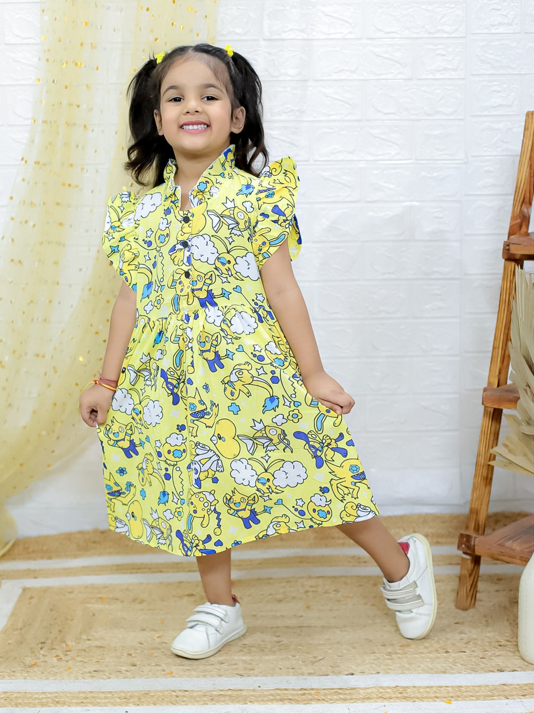 Girls Yellow Cartoon Print Midi Dress with Ruffle Sleeves