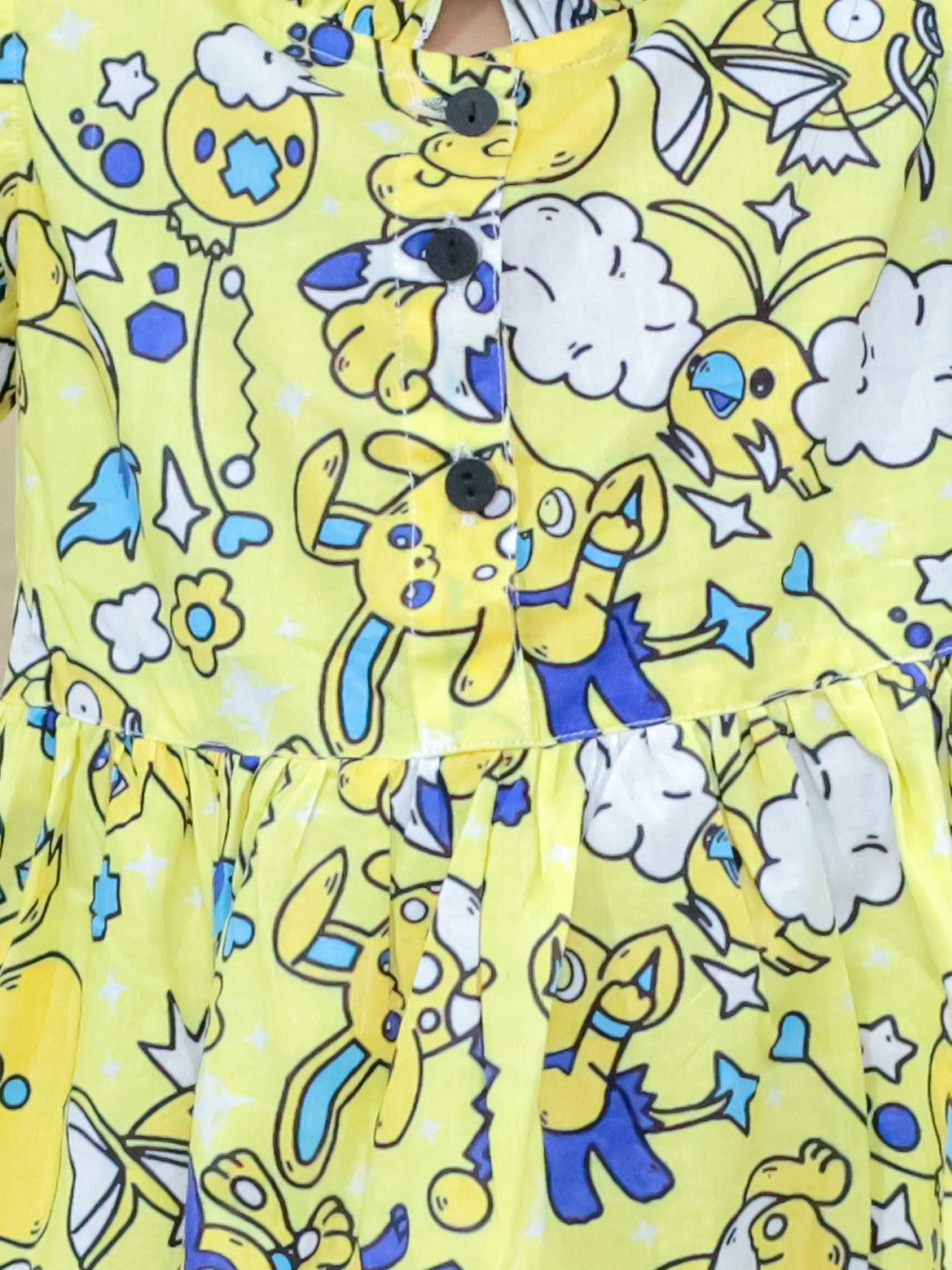 Girls Yellow Cartoon Print Midi Dress with Ruffle Sleeves