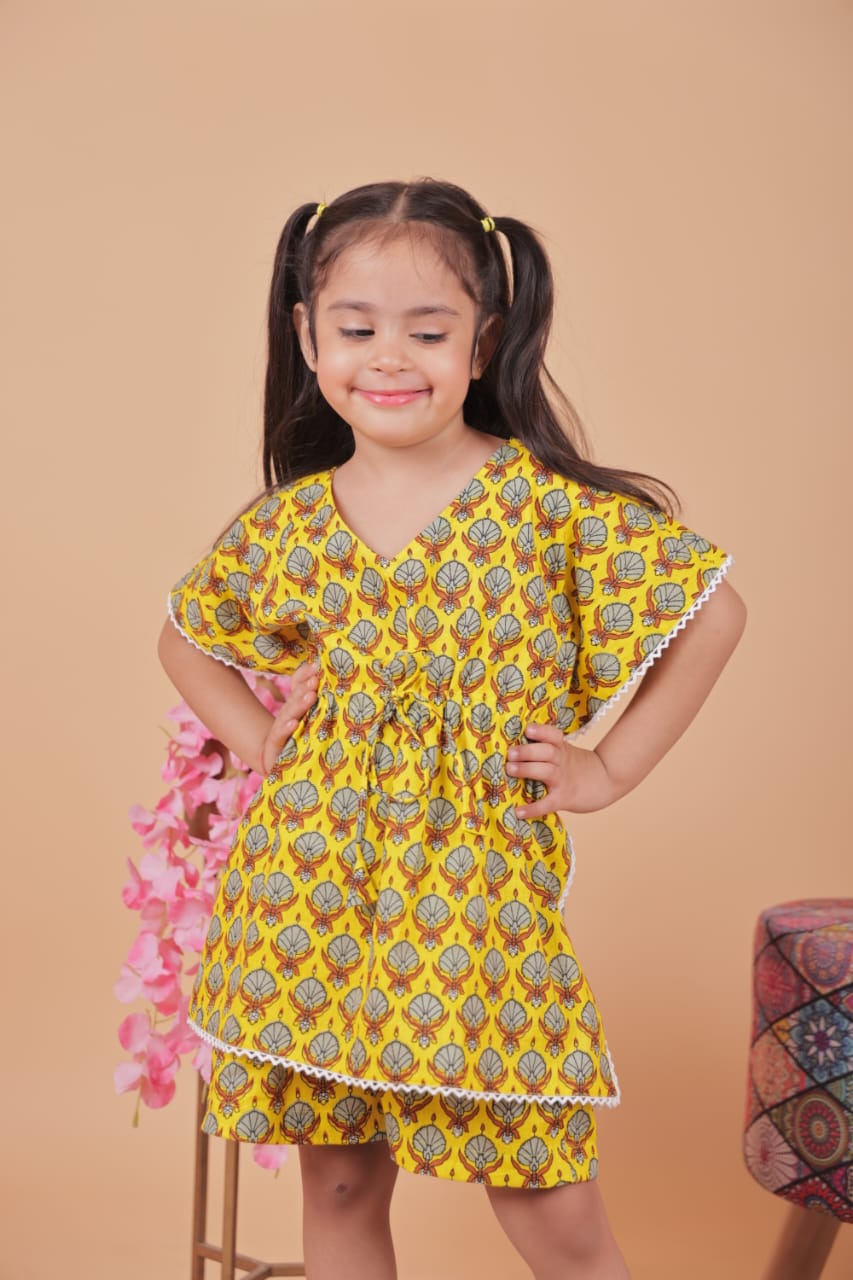 Kids Girls Cotton Kaftan Set – Yellow Floral Print | Stylish & Comfortable