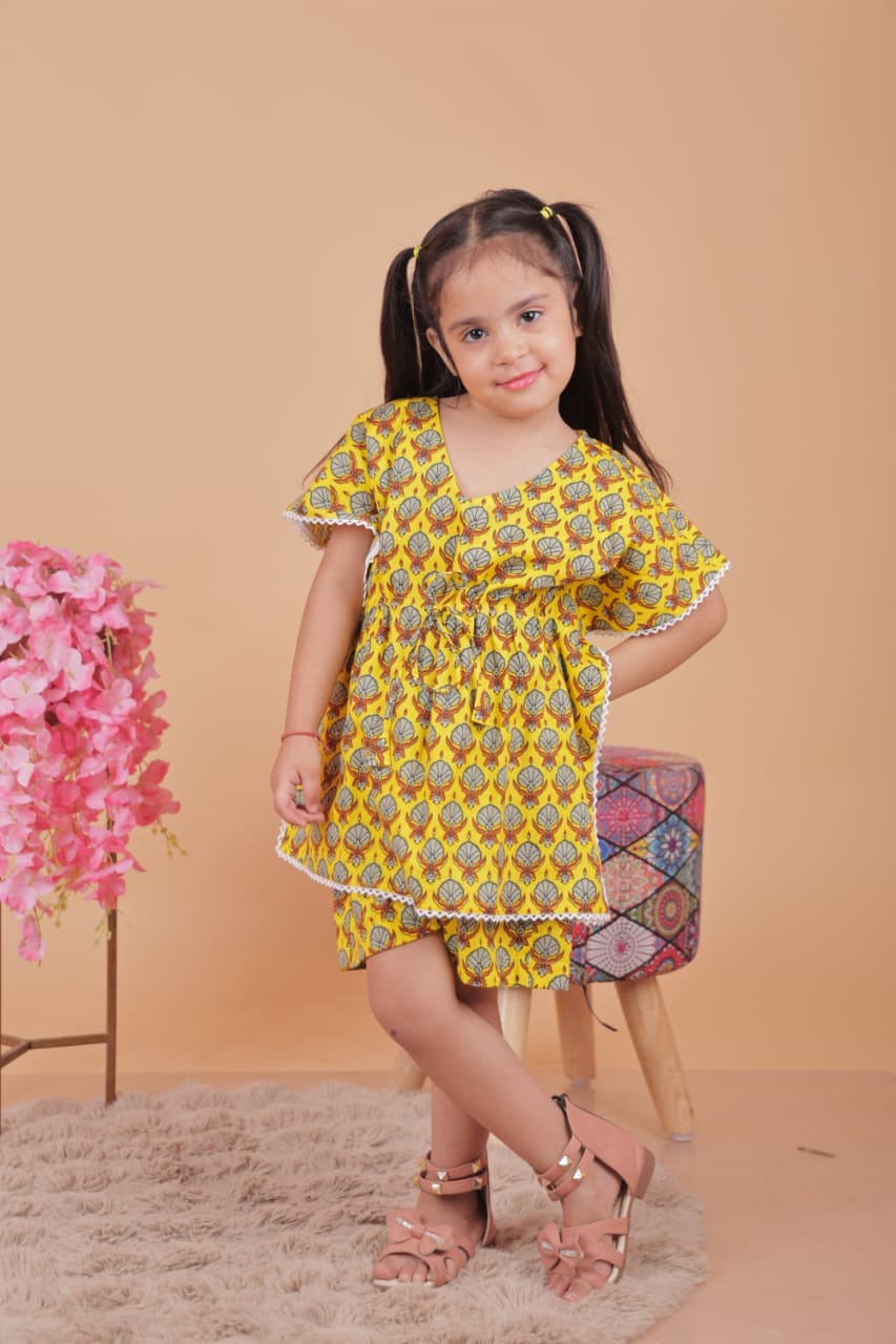 Kids Girls Cotton Kaftan Set – Yellow Floral Print | Stylish & Comfortable