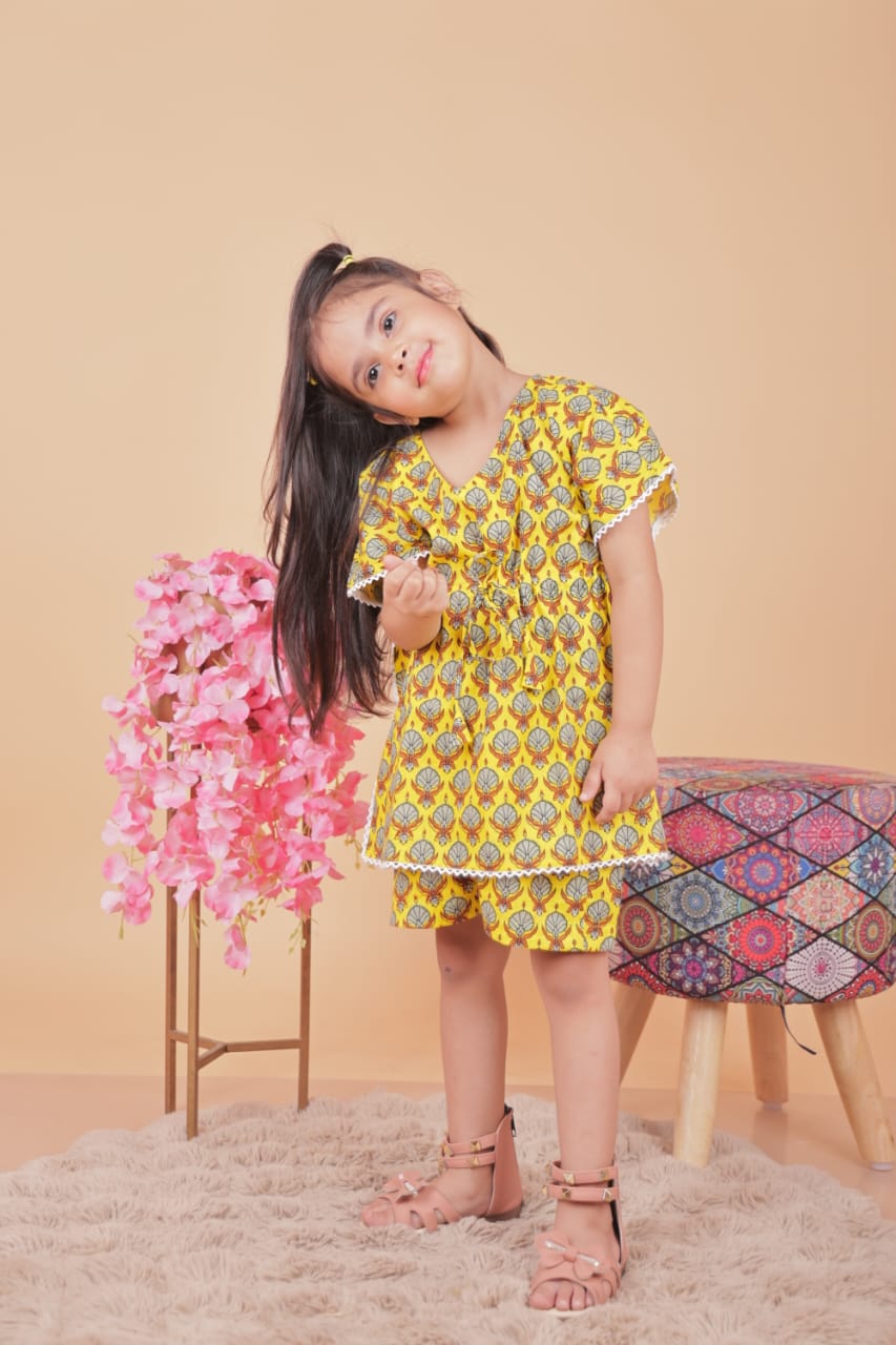 Kids Girls Cotton Kaftan Set – Yellow Floral Print | Stylish & Comfortable