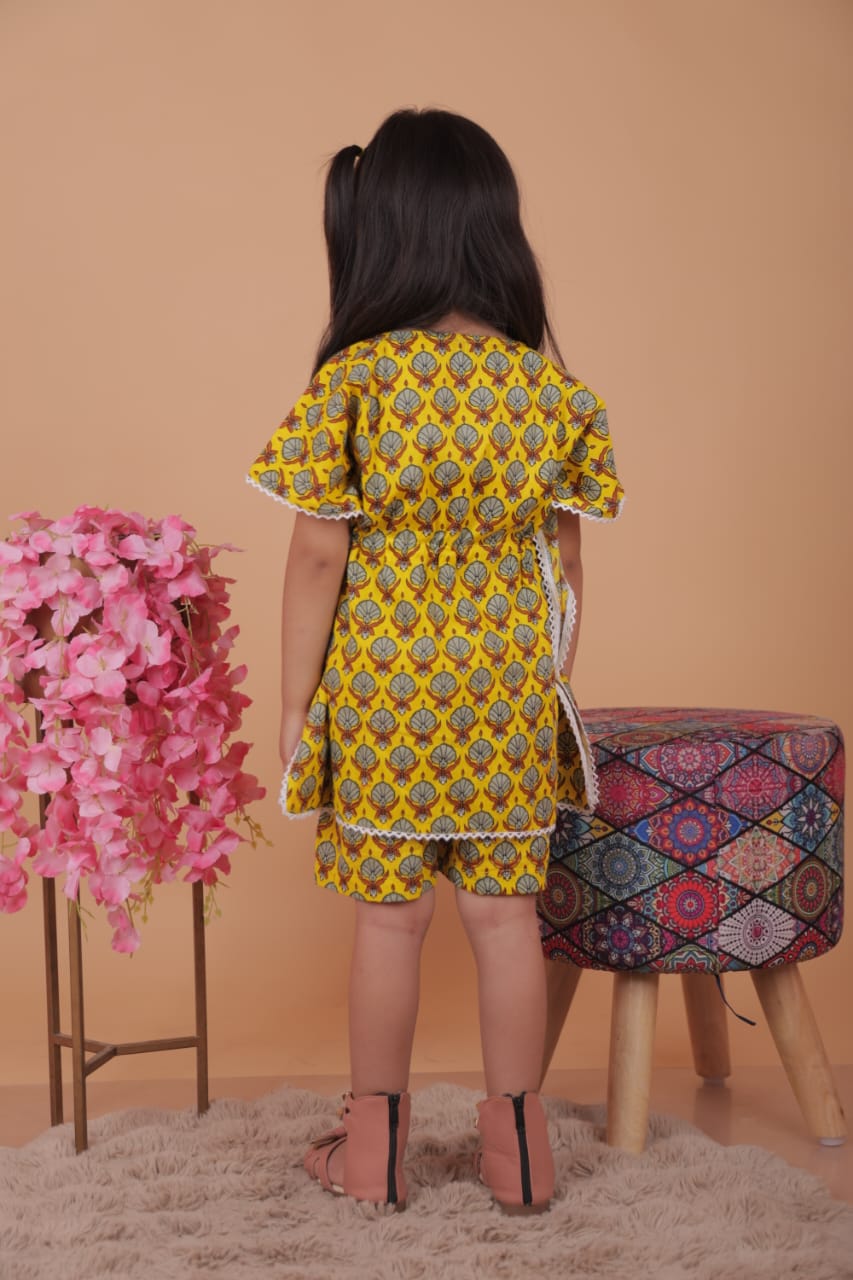 Kids Girls Cotton Kaftan Set – Yellow Floral Print | Stylish & Comfortable