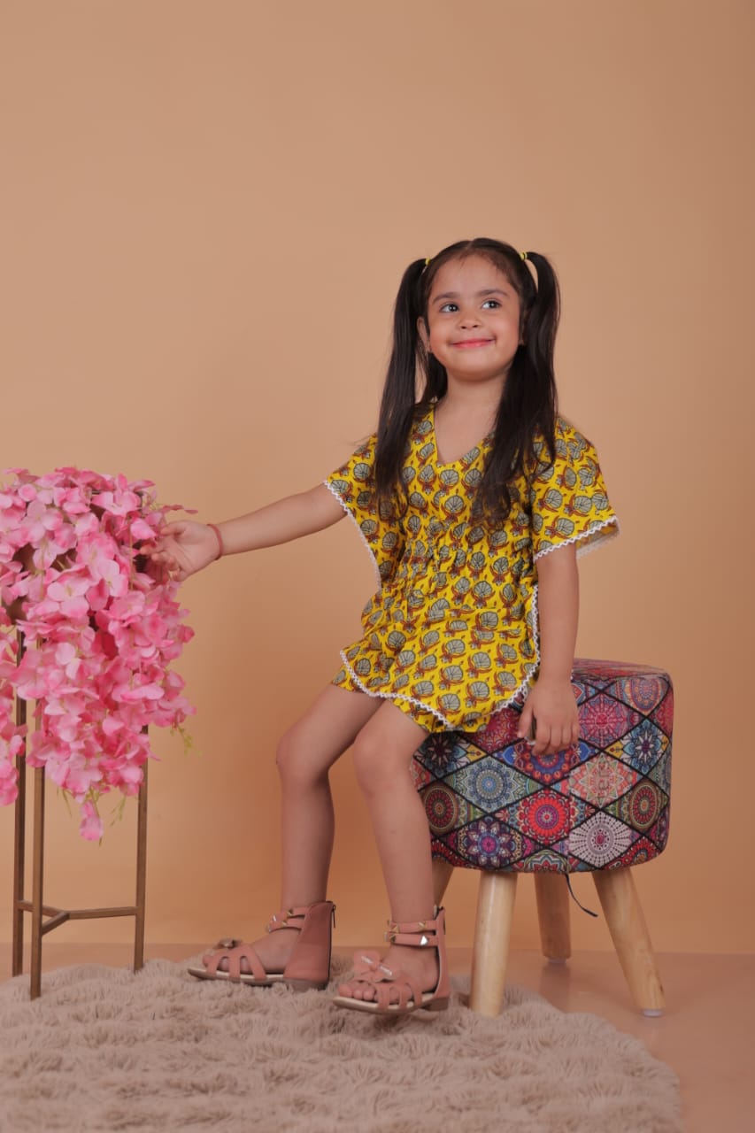 Kids Girls Cotton Kaftan Set – Yellow Floral Print | Stylish & Comfortable