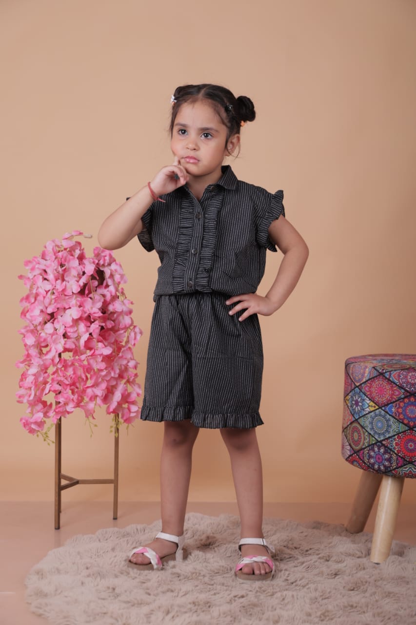 Unbind Girls Black Cotton Co-Ord Set – Shirt & Shorts Combo